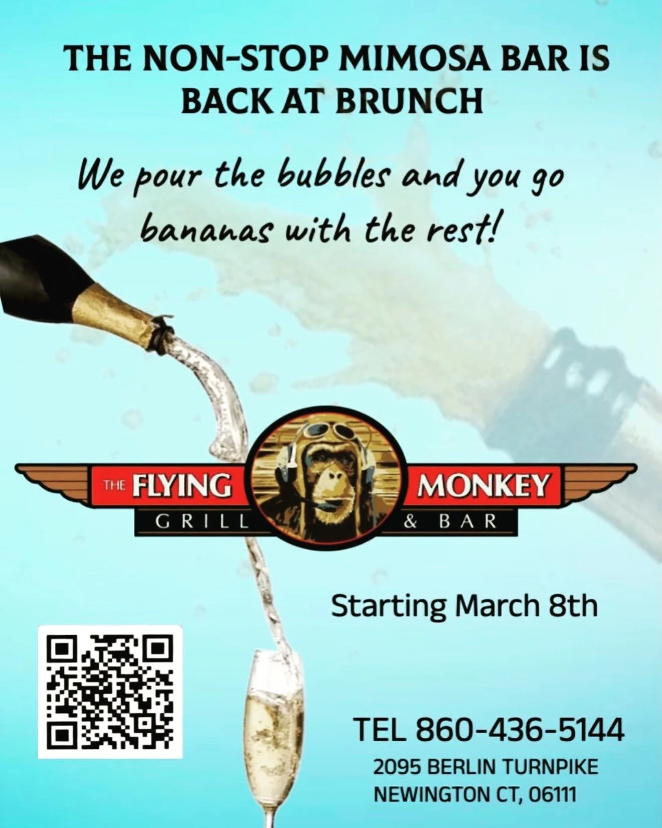 🥂 The Mimosa Bar Is Back! 🍊

Join us this Sunday, March 8th from 10:15am&ndash;2:30pm for brunch at The Flying Monkey Grill &amp; Bar.

Build your perfect drink at our DIY Mimosa Bar and enjoy brunch favorites while you sip and relax.

Grab your fr