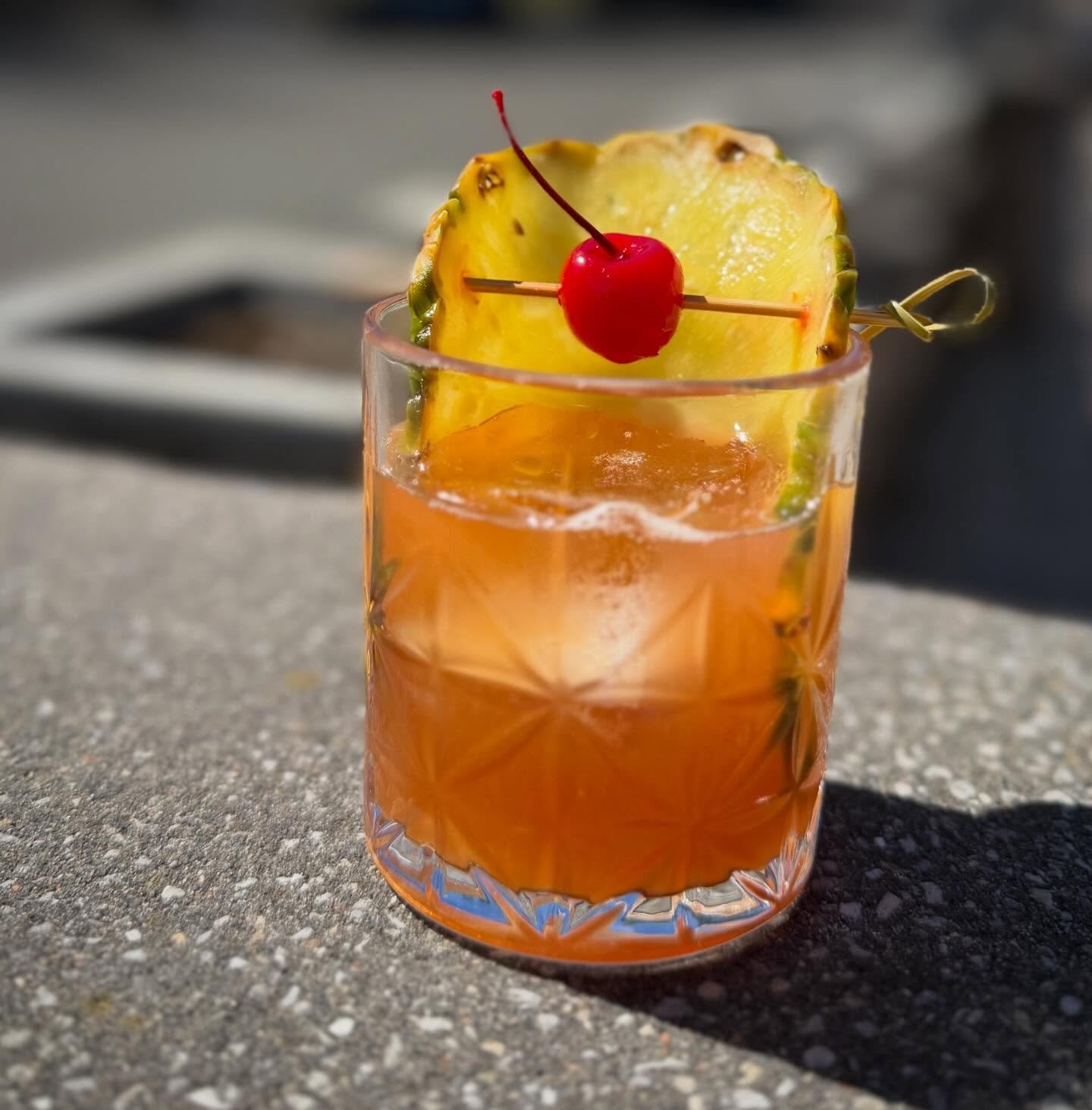 Pineapple Upside Down Old Fashioned - rich brown sugar, juicy pineapple, a touch of cherry simple, and layers of bitters with a hint of orange. Smooth, slightly smoky, and just sweet enough