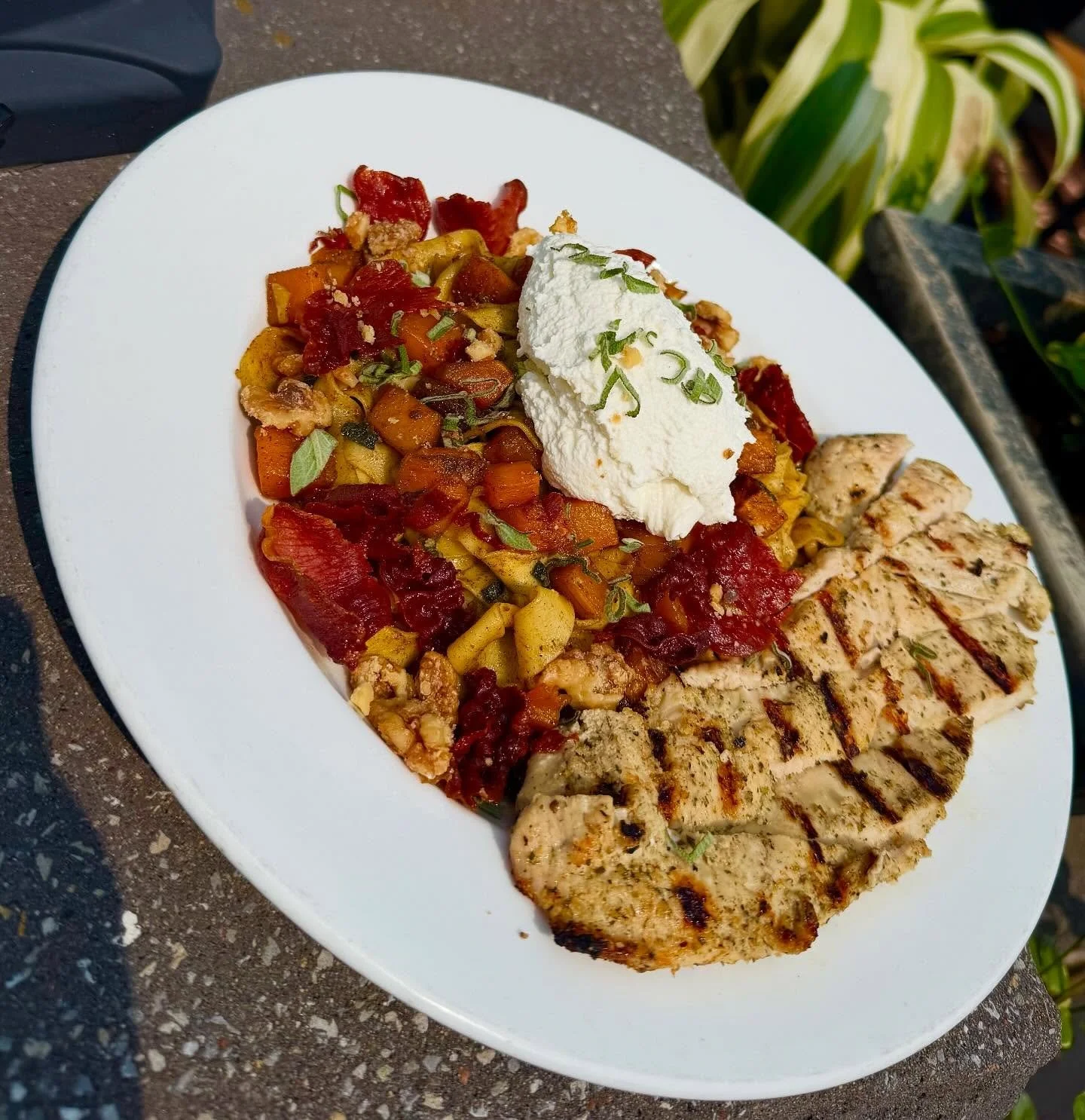 Pilots Pappardelle- Pappardelle pasta tossed with a sage brown butter, topped with crispy prosciutto, fresh sage, candied walnuts, maple butternut squash, and finished with grilled chicken and ricotta