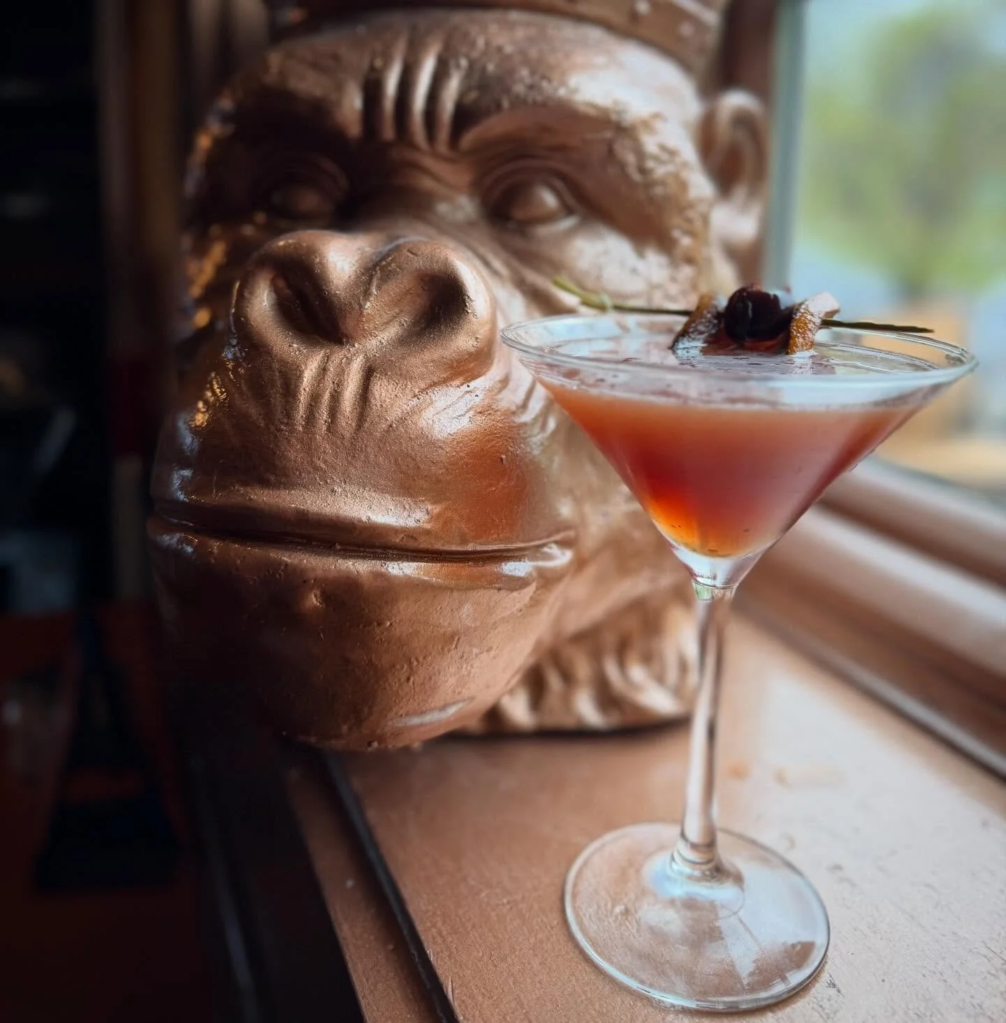 Cherry Bourbon Crosscheck- features house barrel-aged bourbon infused with grilled oranges, warm chai spice, and rich Luxardo cherries for a smooth sip with a deep, cozy finish.