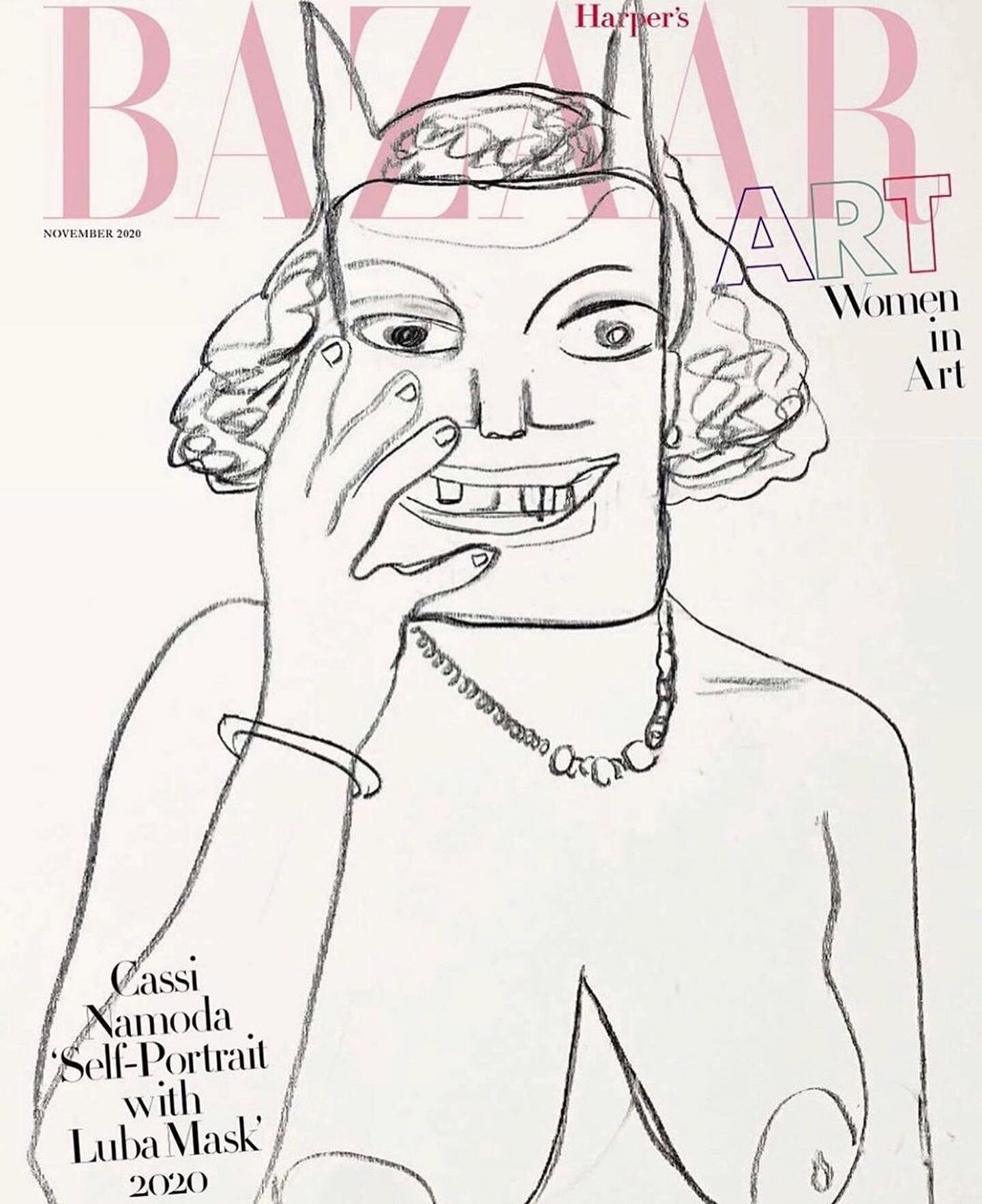 Harpers Bazaar UK taps 4 artists that include Cassi Namoda and Deborah Roberts for their annual #BazaarArt supplement that comes with the November issue.
⠀
Cassi shares~ &ldquo;Self Portrait with Luba Mask&rdquo; 2020 charcoal on paper ~ that she cre