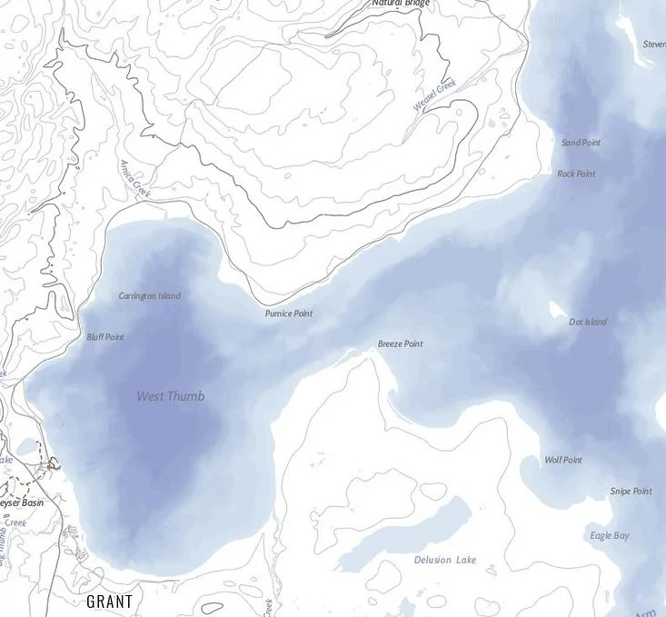 I&rsquo;ve had requests for this one for a while and finally got to it. Yellowstone Lake Map!
Yellowstone Lake is the largest high elevation lake in North America and the largest body of water in Wyoming. The deepest part of the lake is 394 feet.

#y