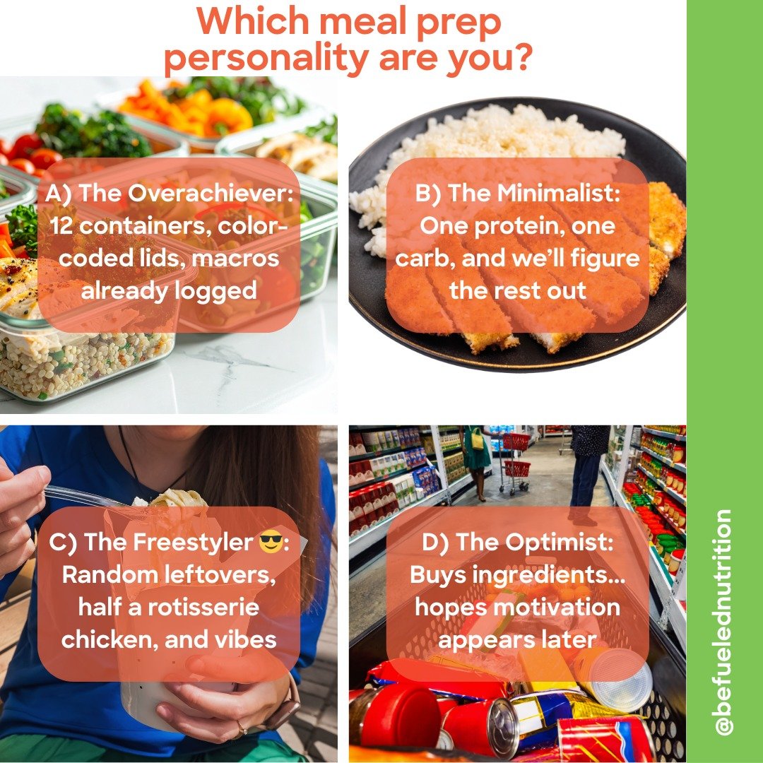 Meal prep personalities are a real thing. 😅

Some people have 12 labeled containers all ready to go&hellip; while others have a rotisserie chicken and a dream.

Which one are you: A, B, C, or D?
.
.
.
.
#mealprep #healthymealprep #healthyeating #nut