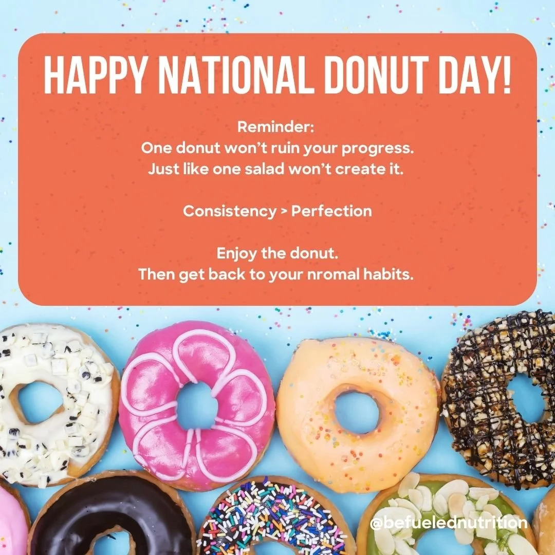 🍩 Happy National Donut Day! 🍩

Let's play a quick game...

Which of these sounds healthier?

A) Eating a donut and moving on with your day.

OR

B) Eating a donut, feeling guilty about it, deciding you've "blown it," and turning one donut