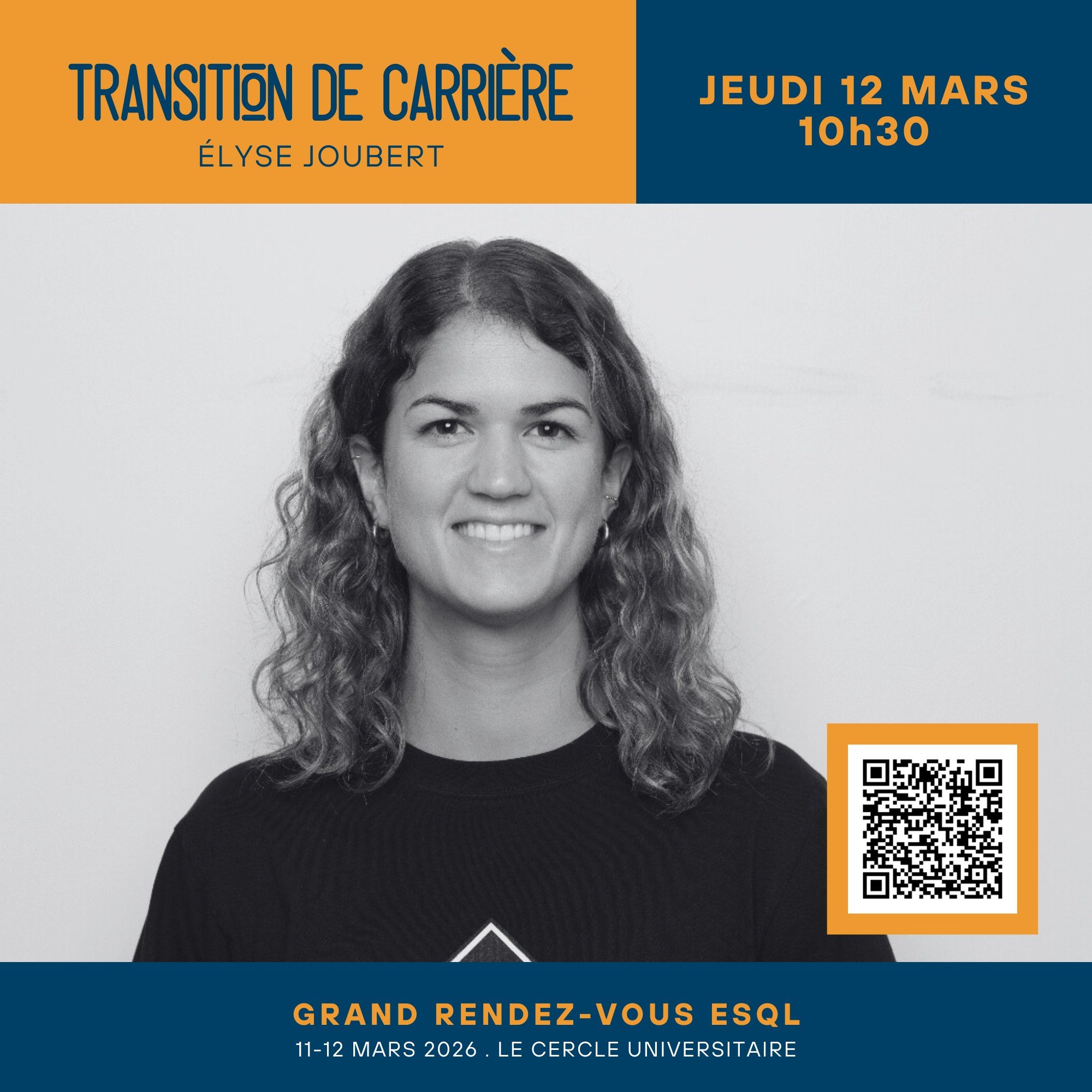 GRAND RENDEZ-VOUS ESQL

🎤 &Eacute;lyse Joubert
Jeudi 12 mars | 10 h 30
🛠️ Transition de carri&egrave;re : l&rsquo;orientation comme levier du parcours sportif

Conseill&egrave;re d&rsquo;orientation et membre de l&rsquo;OCCOQ depuis 2018, &Eacute;l