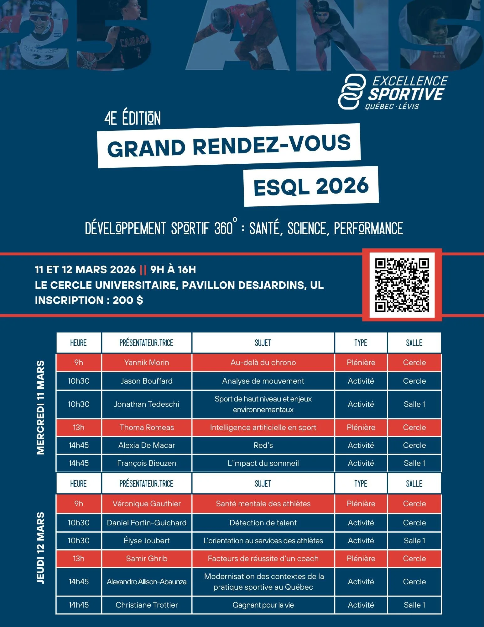Le Grand Rendez‑vous ESQL : D&eacute;veloppement sportif 360&deg;: Sant&eacute;, Science, Performance

&Eacute;v&eacute;nement incontournable pour les acteurs du sport d&rsquo;ici, la 4e &eacute;dition du Grand Rendez‑vous ESQL se tiendra sur 2 jours
