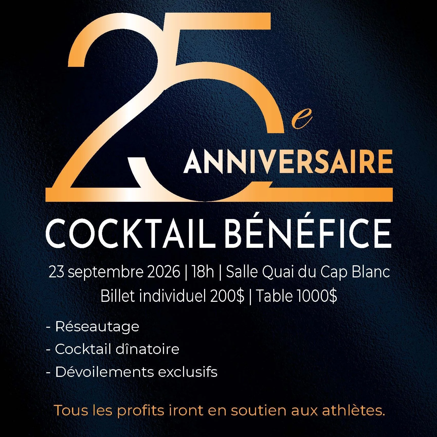 🥂✨ On se reprend !

Notre cocktail-b&eacute;n&eacute;fice du 25e anniversaire, report&eacute; en mars en raison de la m&eacute;t&eacute;o, aura finalement lieu le 23 septembre.

Venez c&eacute;l&eacute;brer 25 ans d'excellence sportive avec nous dan
