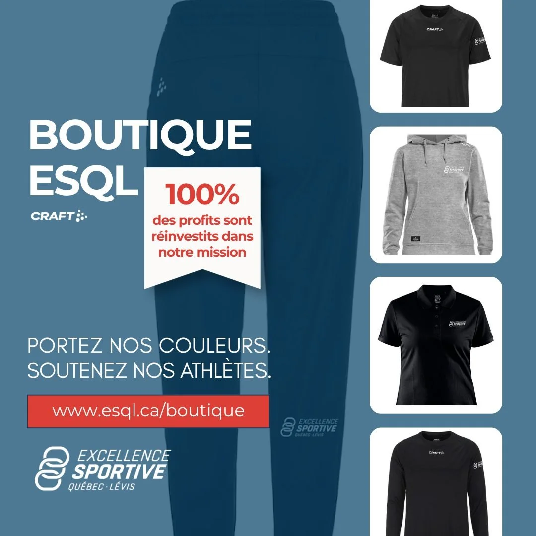 👕 La boutique ESQL est en ligne !

Envie d&rsquo;afficher vos couleurs tout en soutenant les athl&egrave;tes de chez nous? 

D&eacute;couvrez notre boutique en ligne et procurez-vous des v&ecirc;tements aux couleurs d&rsquo;Excellence sportive Qu&ea