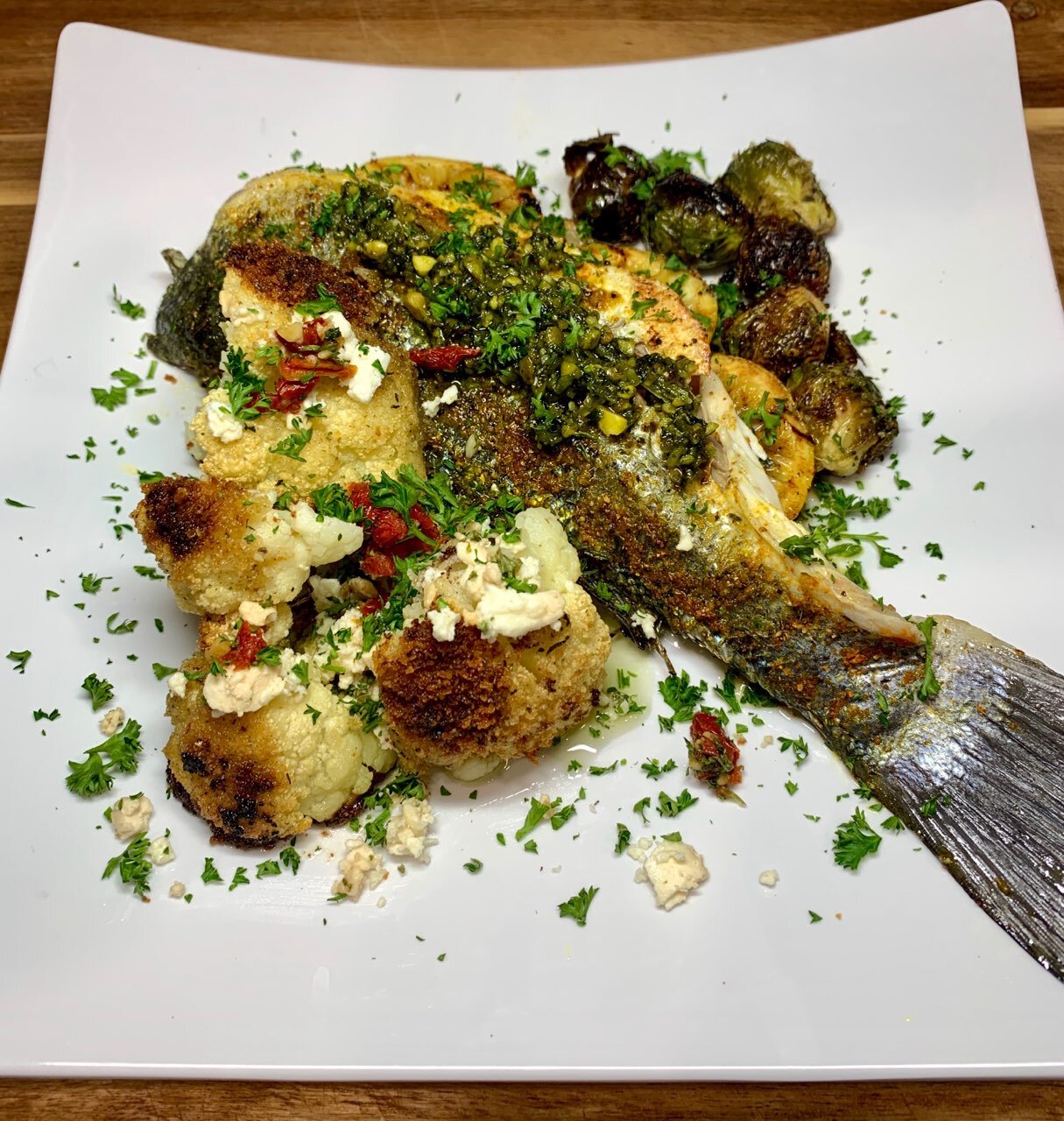 Moroccan Grilled Branzino & Garlic Roasted Cauliflower