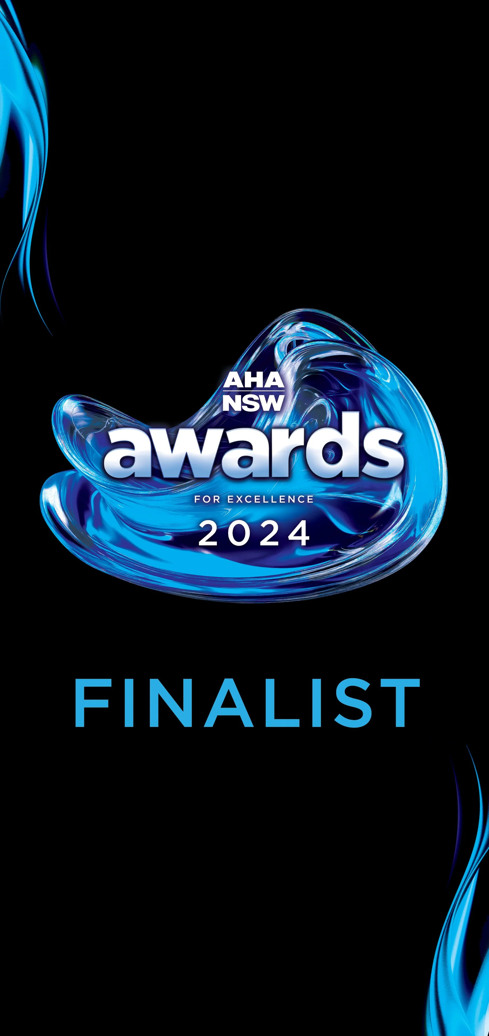 Digital graphic announcing the finalist status for the 2024 AHA NSW Awards, featuring vibrant blue swirls and bold text on a black background.