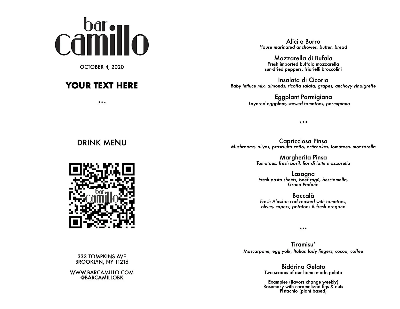 Menu Large Party — Bar Camillo