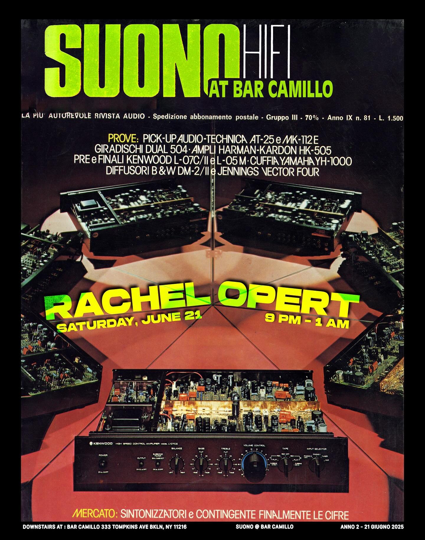 Excited to have @rachelopert back at Suono tomorrow for an all vinyl Saturday night session. She is a purveyor of many genres, like Italo, electro, house, soul, dub &amp; new wave to name a few. Head downstairs at 9. The AC and the drinks and the tun