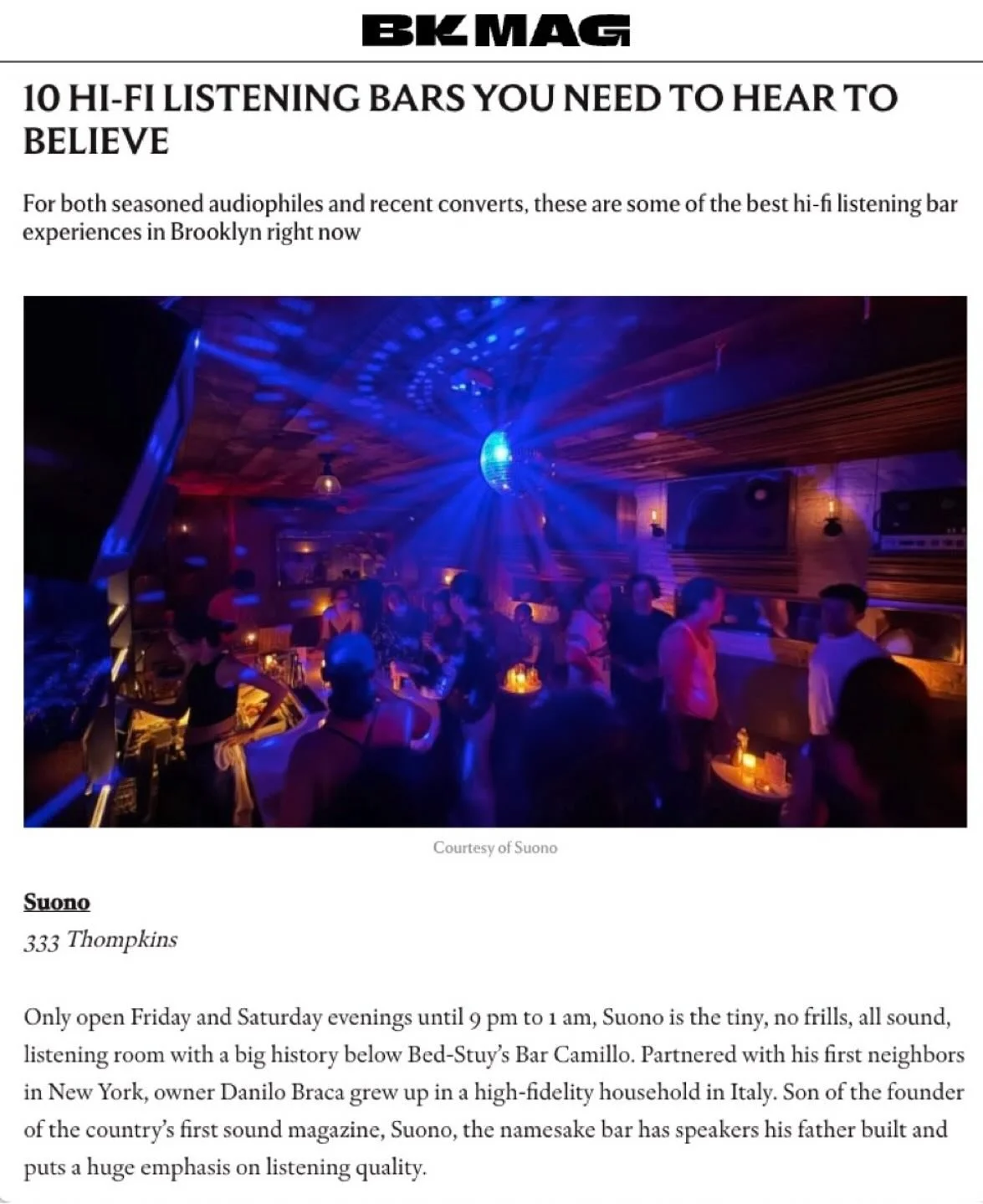 A big thank you to @bkmagazine for including Suono in their list of the 10 best Hi-Fi bar listening experiences in Brooklyn right now! 🙌🙌🙌 We are honored to be included with all the great spots in our borough that have created amazing analog syste