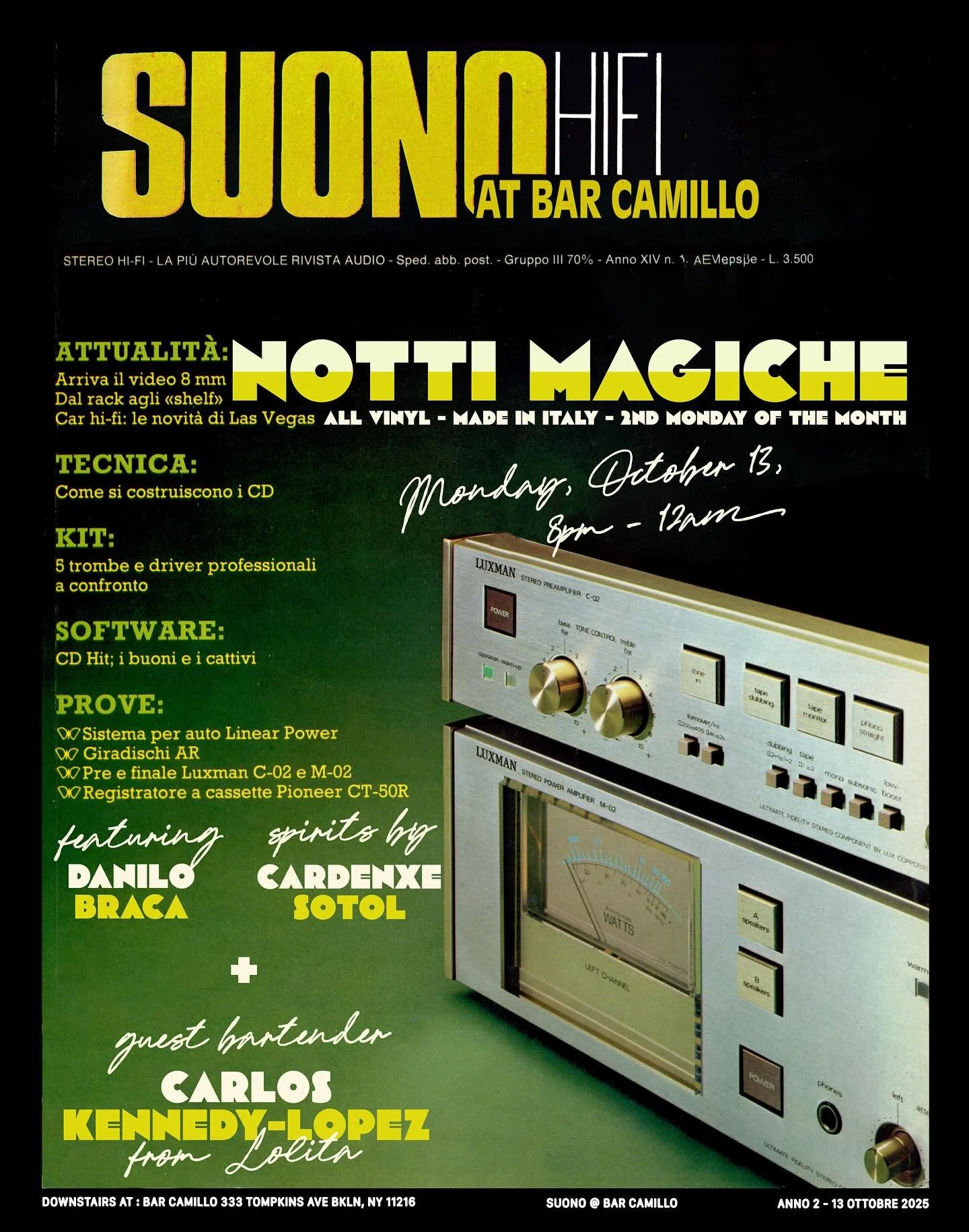 Tomorrow, it&rsquo;s time again for &ldquo;Notti Magiche&rdquo;, our monthly Monday Industry night at Suono. All-Italian vinyl provided by our own @danilobracatsonyc, spirits by @cardenxesotol, and brand new cocktails from this month&rsquo;s guest ba