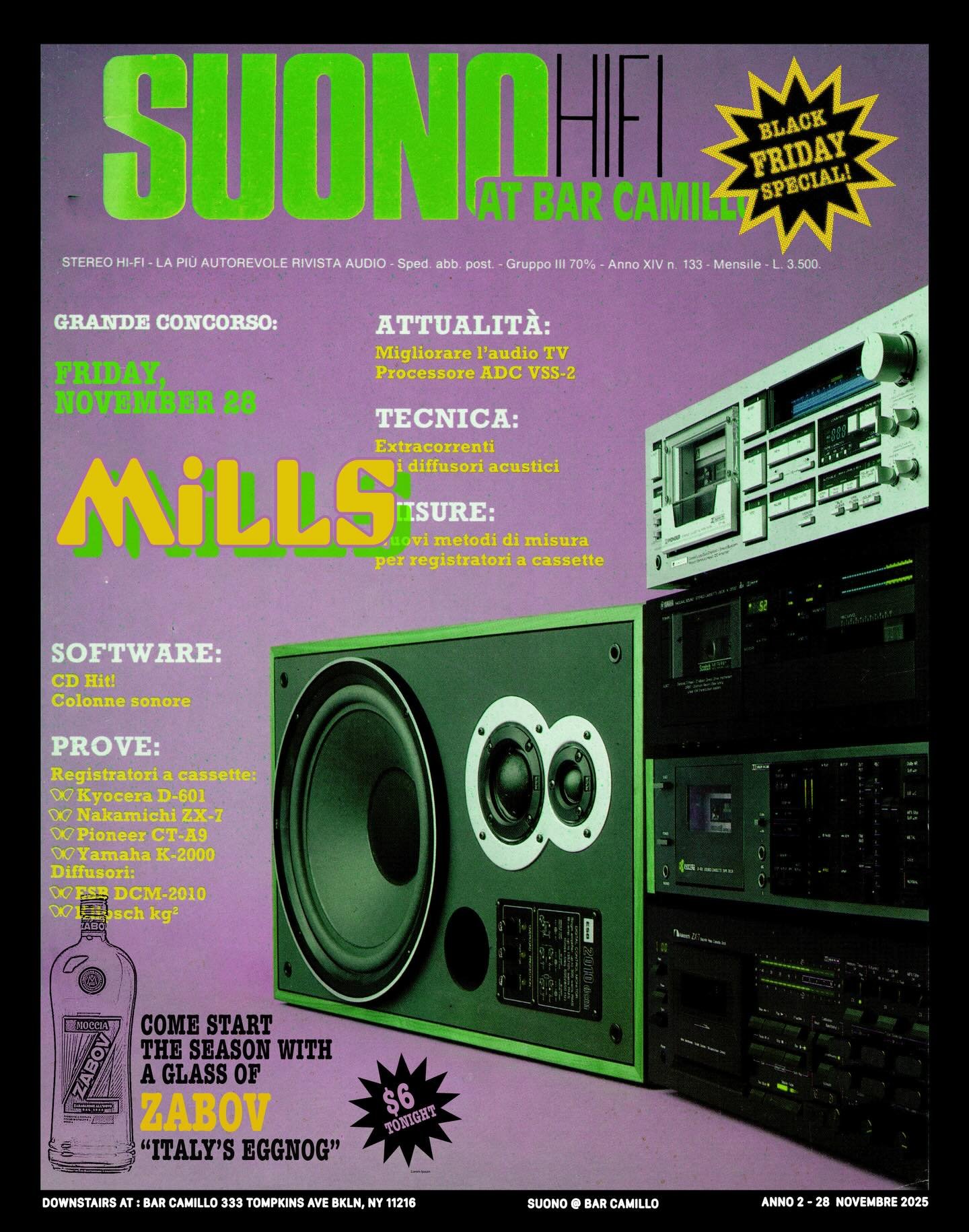 Roll through SUONO this Friday starting at 9pm for MILLS aka @colinxmiller at the console, and a Black Friday drink special with half-off ($6!) pours of Zabov, Italy&rsquo;s answer to spiked eggnog. Tunes, vibes and holiday drinks. &lsquo;&lsquo;Tis 