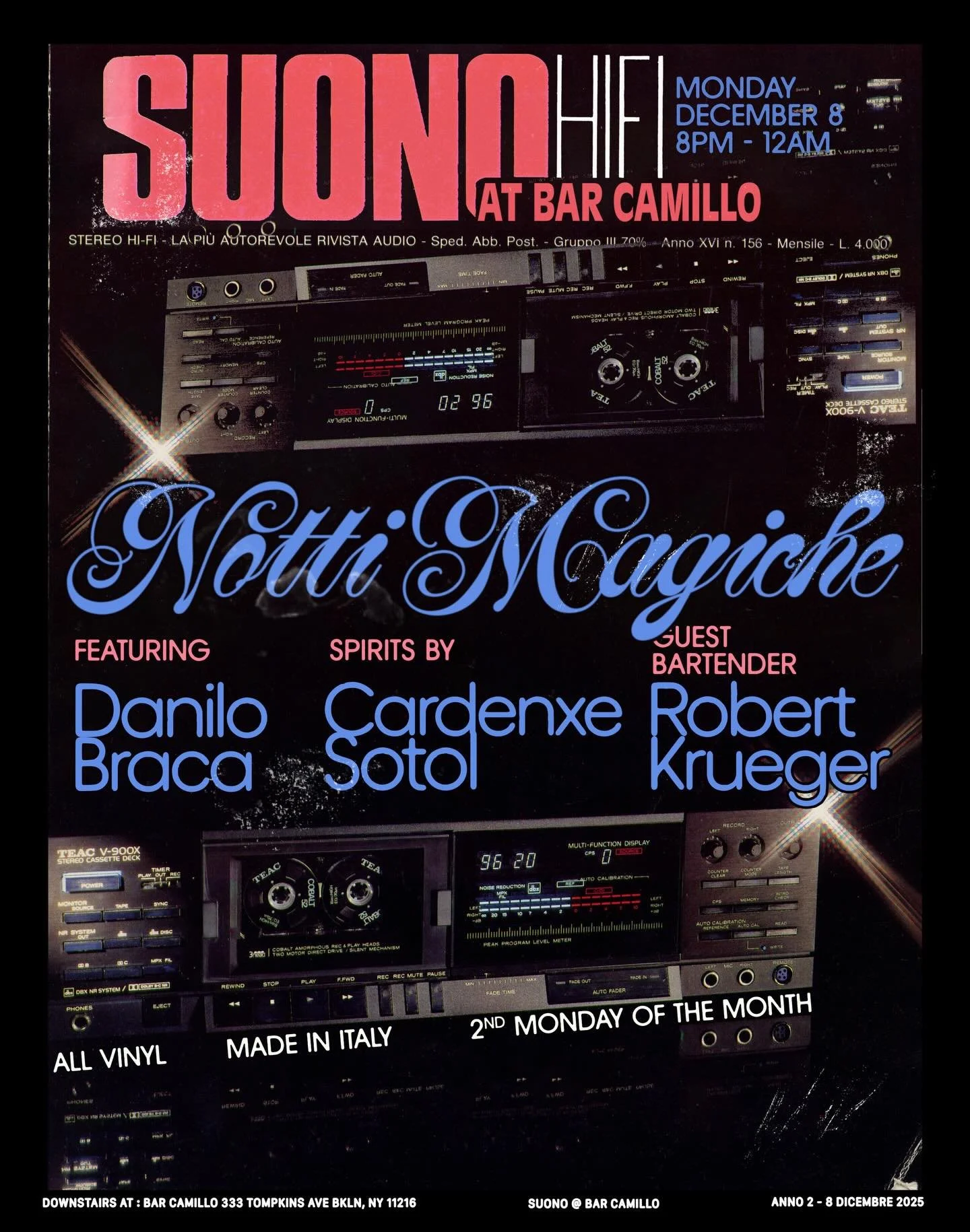 Tonight (Mon 12/8) head down to Suono at 8pm for our monthly industry night &ldquo;Notte Magiche&rdquo;. Featuring all Italian vinyl by our own @danilobracatsonyc, spirits by @cardenxesotol and all new cocktails by the one and only @itsmerobk 🇮🇹🇲?