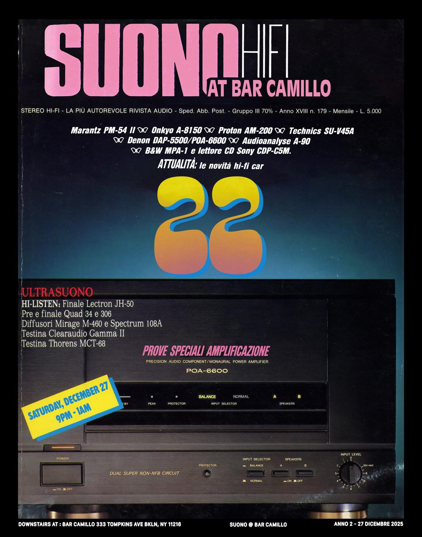 Saturday night, @22tunez returns to the console for another 🔥set of vinyl bangers at Suono. An absolute gem of a person, and DJ, we are always thrilled to have 22&rsquo;s infectious energy downstairs at 333 Tompkins. See you there! 

#vinyl #hifi #b