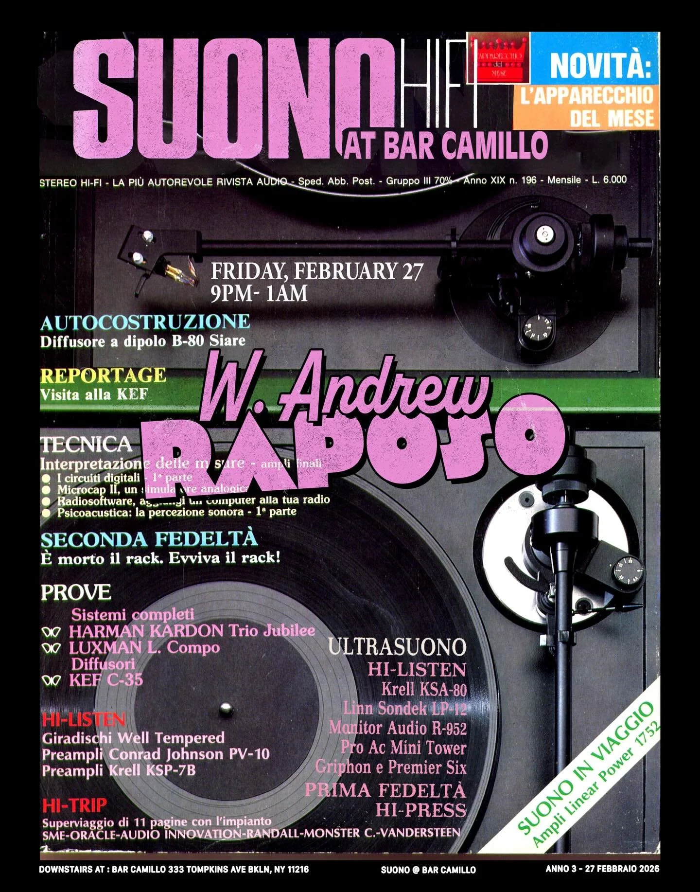 Tomorrow night (Fri 2/27) @the_andrew_raposo returns to Suono for another vinyl journey for the ages. An amazing DJ and musician, founding member of @midnightmagicny, producer &amp; trusted friend to many, Andrew always brings it. You should come. 9-