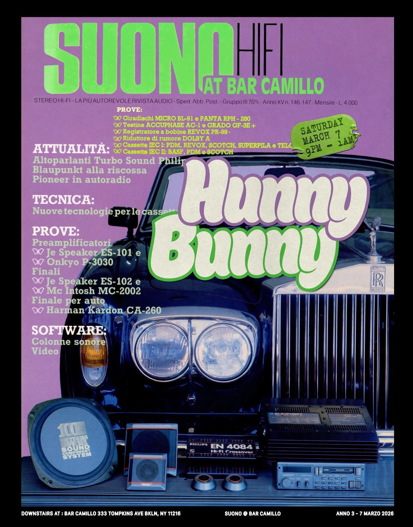 Saturday (3/7) brings @hunnybunnynyc to Suono for the first time. We&rsquo;re very excited to see what vinyl gems will be unleashed. Head downstairs at 9. Good drinks and tunes await. 

#hifi #vinyl #bedstuy #tompkinsave