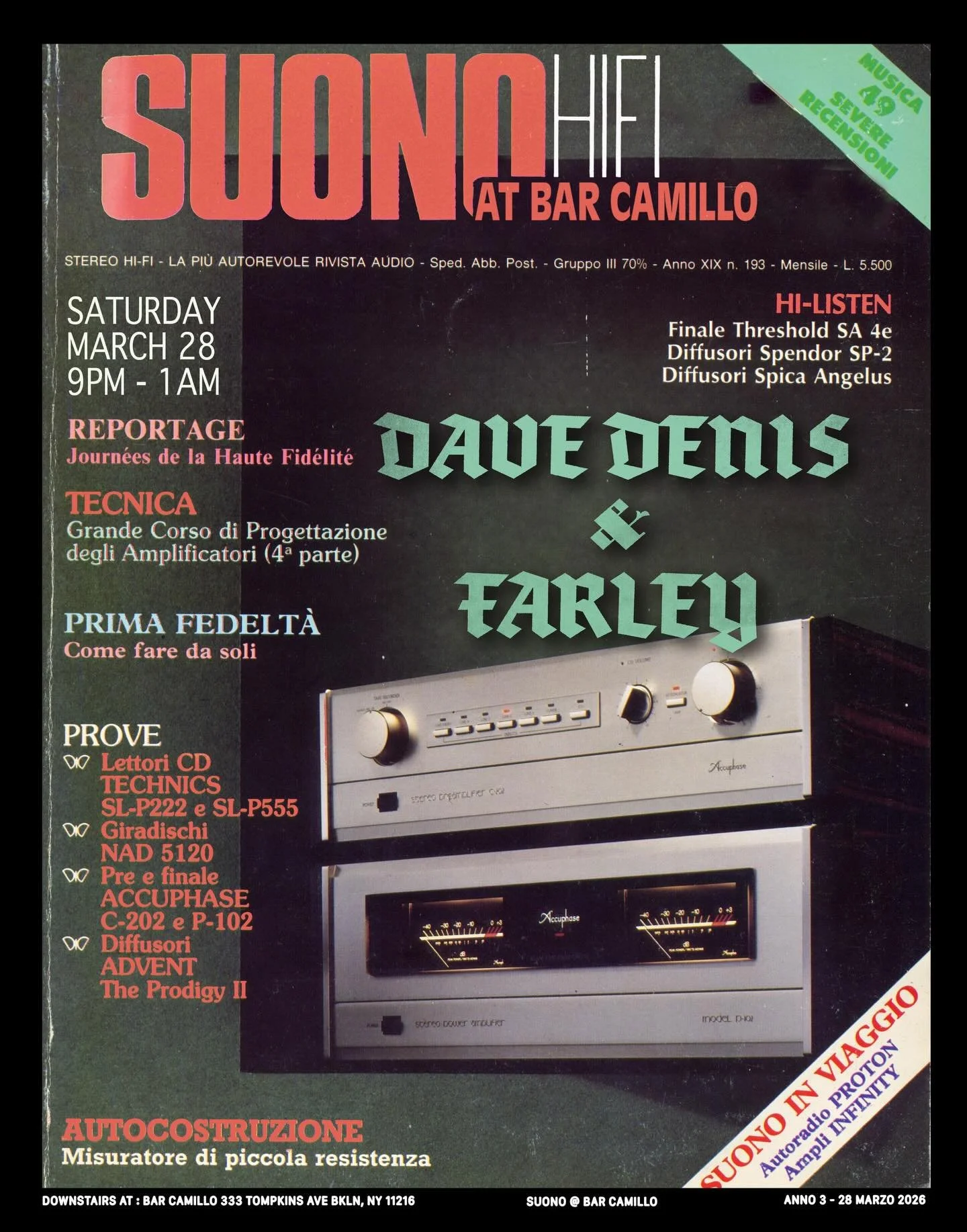 Saturday at Suono, we have the dynamic duo @davodenis &amp; @myfriendfarley battling on the console. It will be ALL VIBES. Roll through, peep which vinyl gems they&rsquo;ll be dusting off, move a little, see what happens. 🎉🌴🕺🏽

#vinyl #hifi #audi