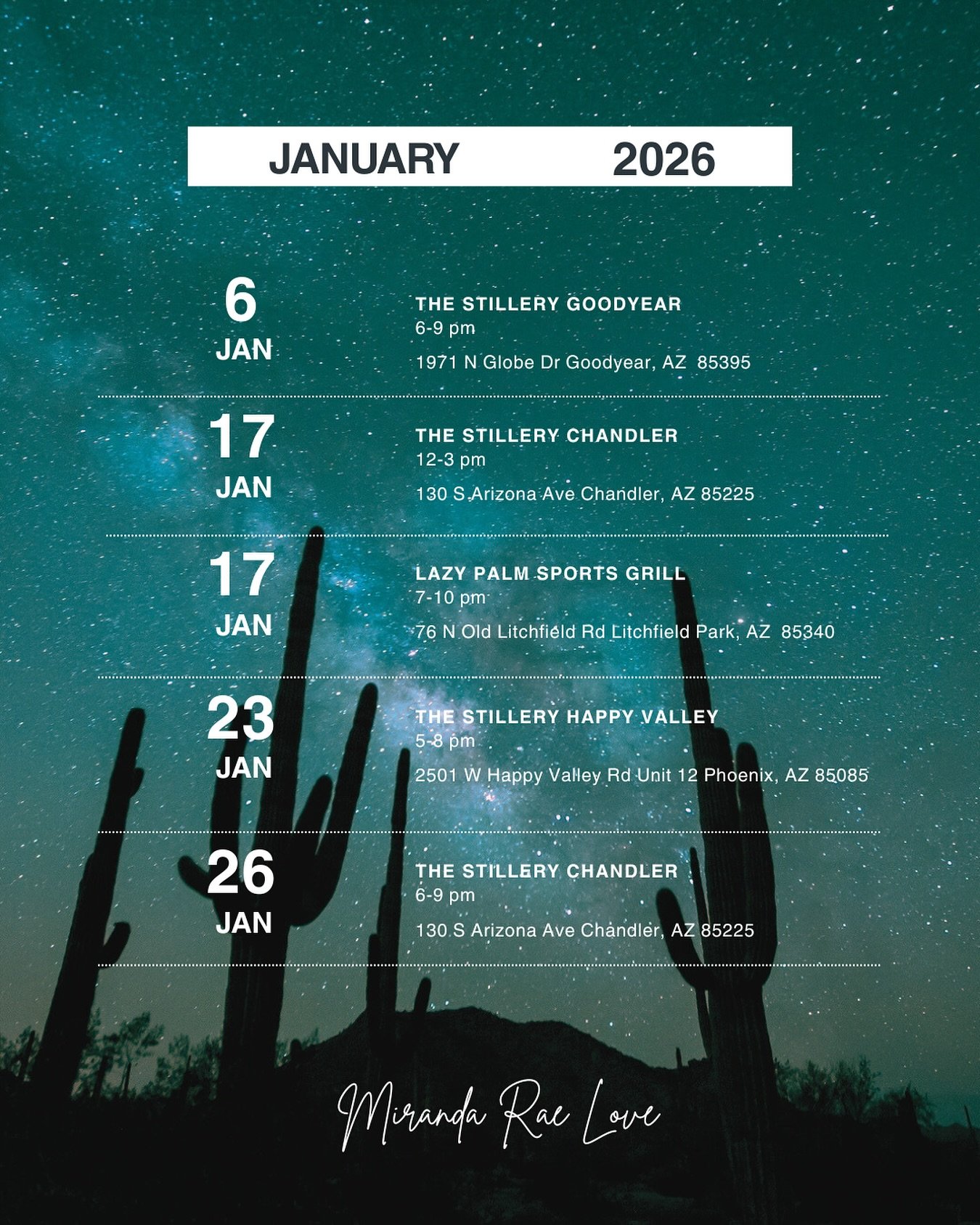 And we begin again 💫

1/6 @stillerygoodyear 6-9pm
1/17 @stillerychandler 12-3pm
1/17 @lazy_palm_sports_grill 7-10pm
1/23 @stilleryhappyvalley 5-8pm
1/26 @stillerychandler 6-9pm

#azmusic #livemusic #countrymusic #phxmusic #phoenix #touringmusician #