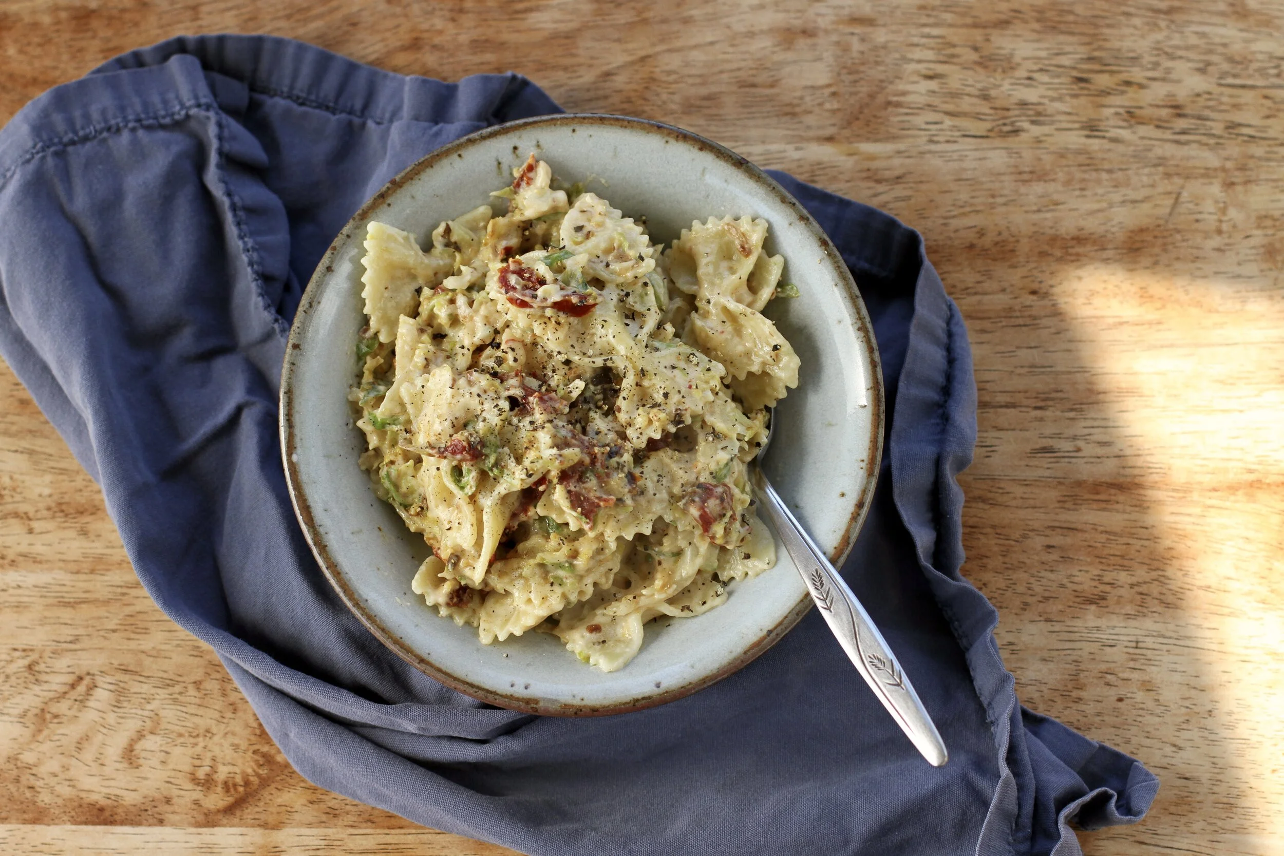 Quick & Easy Pasta Alfredo with Sun-Dried Tomatoes & Brussels Sprouts