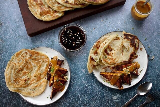 Thank you @hannah__chia for bringing this goodness into our lives! 🌱Chinese Scallion Pancakes &amp; Baked Tofu Satay with Peanut Sauce🌱
&bull;
We made a couple adjustments to match the ingredients we had on hand. (Like green garlic from our @snoval