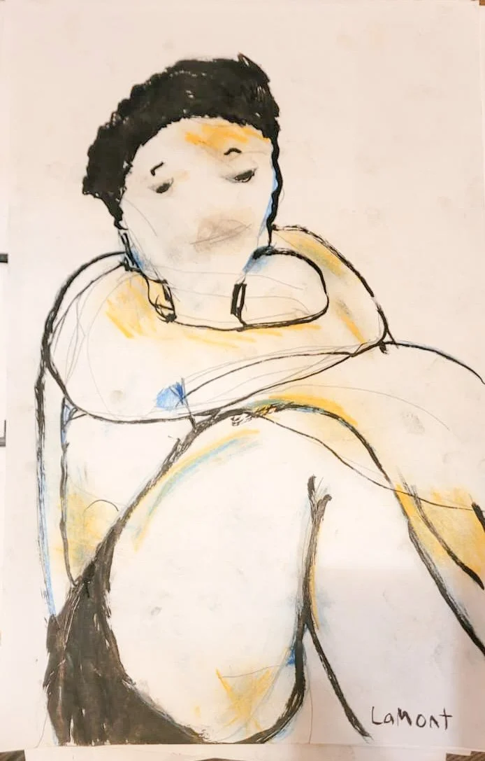 The artist here combined their bold style with figure drawing from observation. They were able to dramatically swing the observer from abstraction to hints of realistic representation of folding soft tissue and shading.