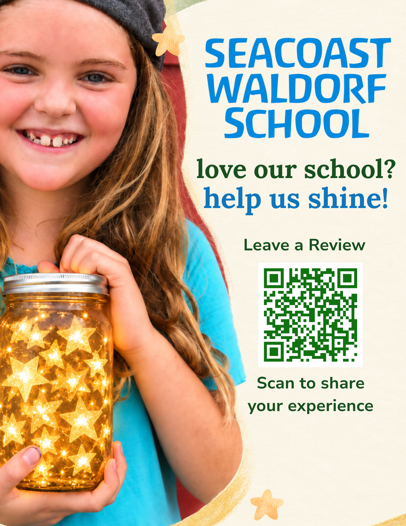 Young girl smiling and holding a jar filled with star-shaped lights, wearing a gray hat with a star decoration, background with text promoting Seacoast Waldorf School and a QR code for sharing experiences.