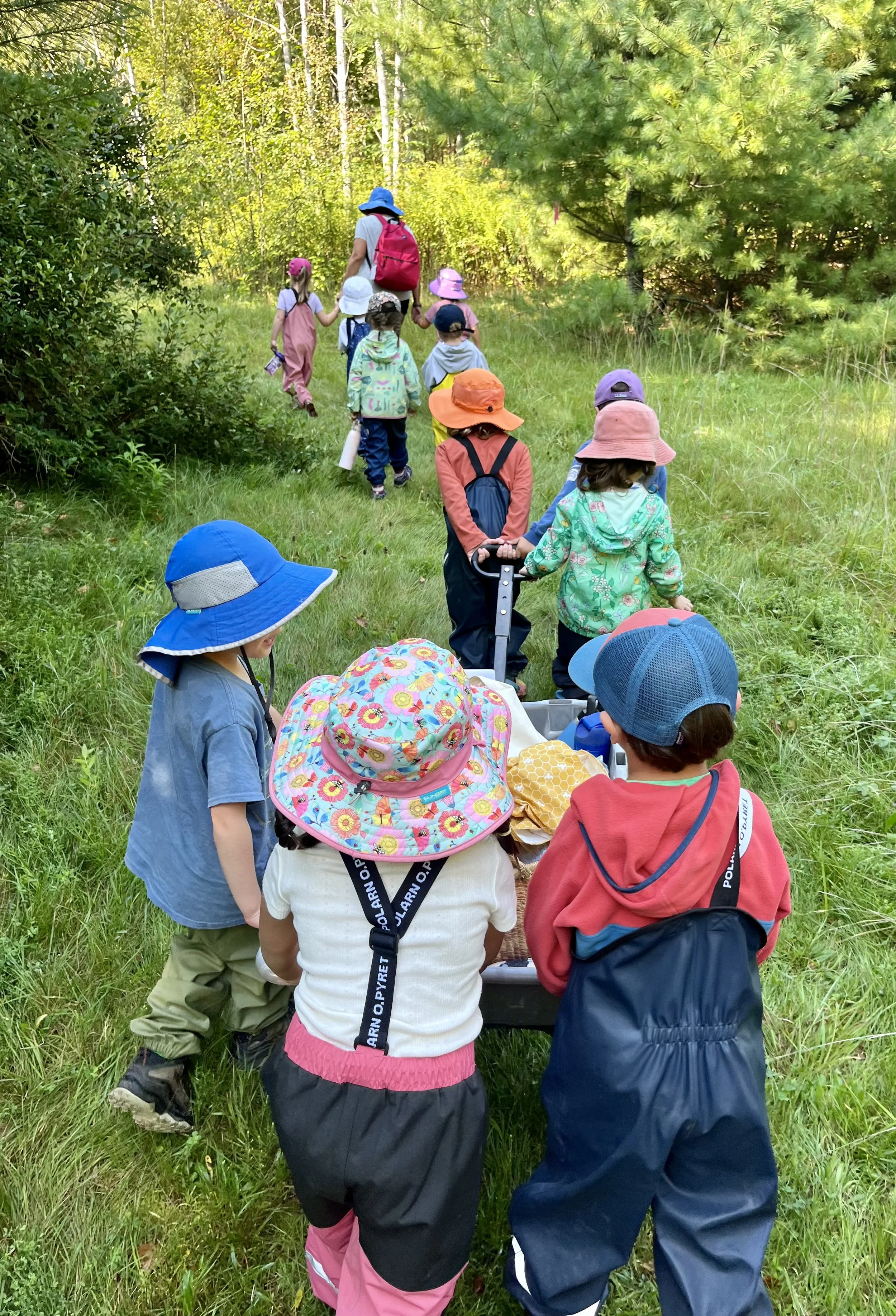 A group of children walking in a line on a grassy trail in a forest, supervised by an adult with a pink backpack. The children are wearing colorful hats, backpacks, and outdoor clothing.