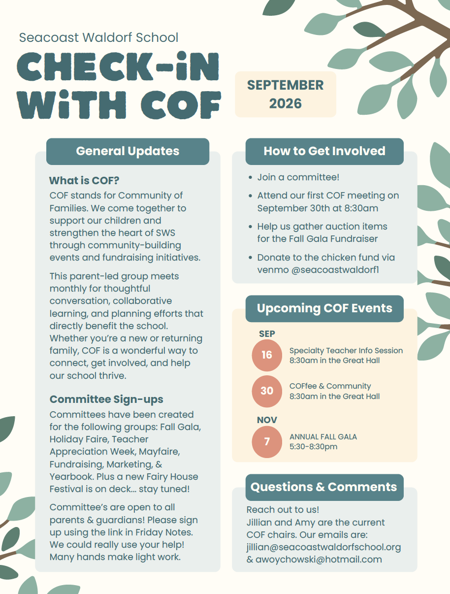 Flyer for Seacoast Waldorf School's September 2026 Community of Families