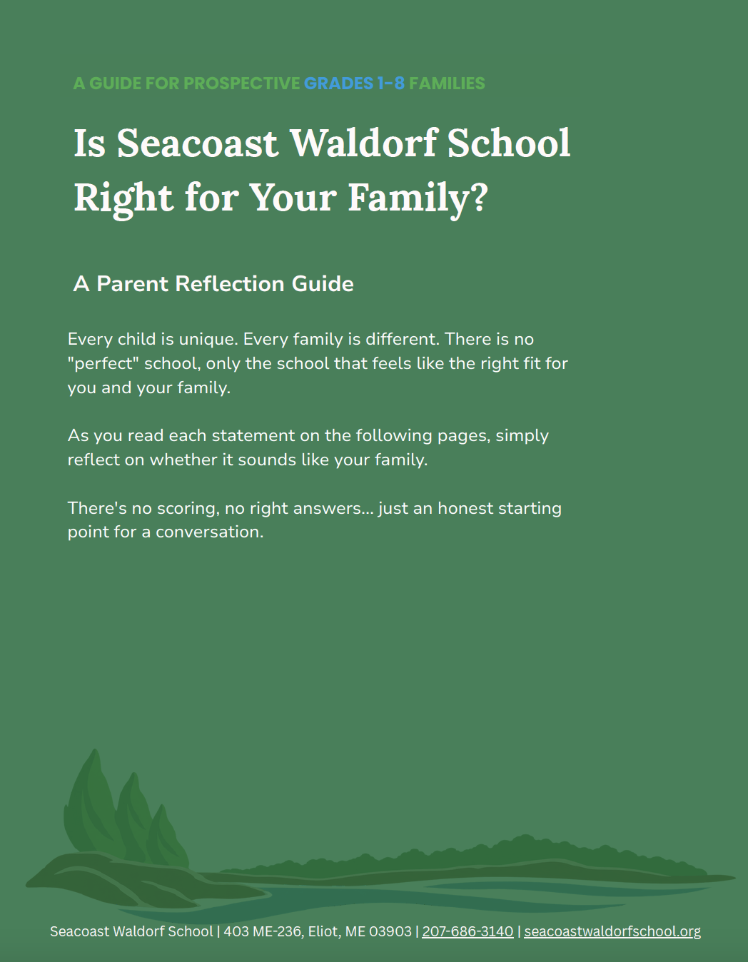 Cover page of a guide titled 'Is Seacoast Waldorf School Right for Your Family?' with green background, a small illustration of a landscape with trees and a river at the bottom, and contact information for Seacoast Waldorf School at the bottom.