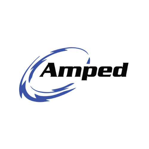 Amped logo with a stylized swoosh design in blue and black text