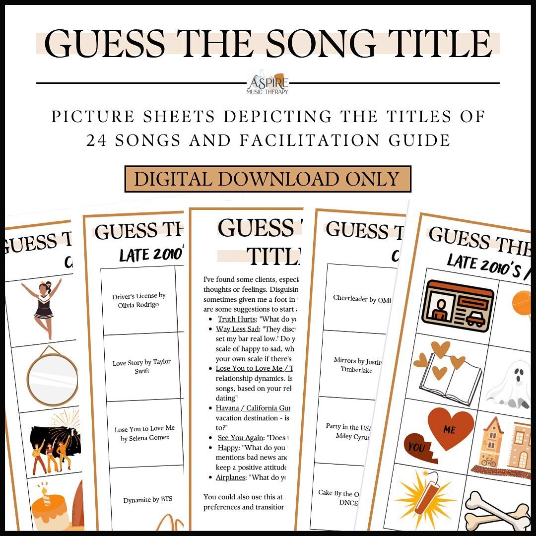 Did you know we have resources available on our website? Our blog has free downloadable songwriting templates and new intervention ideas, as well as a store with affordable &amp; ready to use resources (like this &ldquo;Guess the Song Title,&rdquo; f