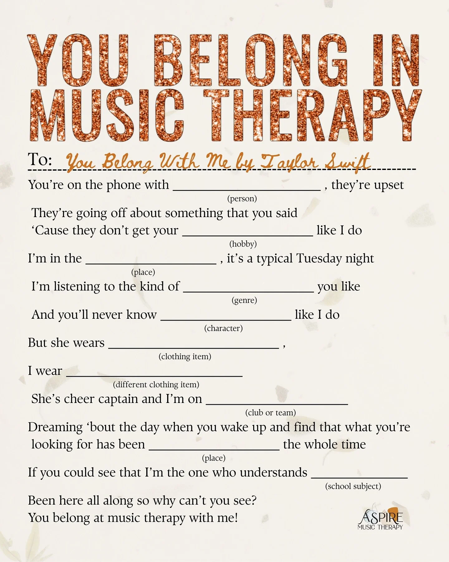 In honor of Taylor&rsquo;s next album announcement, we wanted to share a songwriting mad lib we used at our Taylor Swift camp this summer! In more of a true mad lib fashion, the song ends up being silly,  sweet, nostalgic song. 

You okay after this 