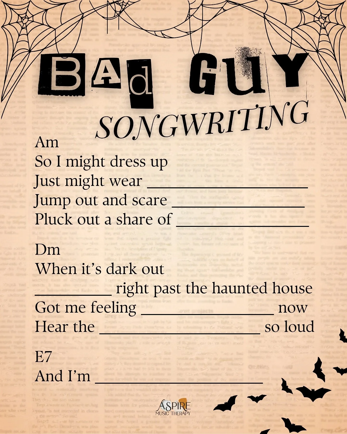 My favorite version of songwriting is transforming current pop hits into client originals. This version is a Halloween themed song to the tune of &ldquo;Bad Guy.&rdquo; 

You can use this songwriting to discuss the excitement of Halloween, things tha