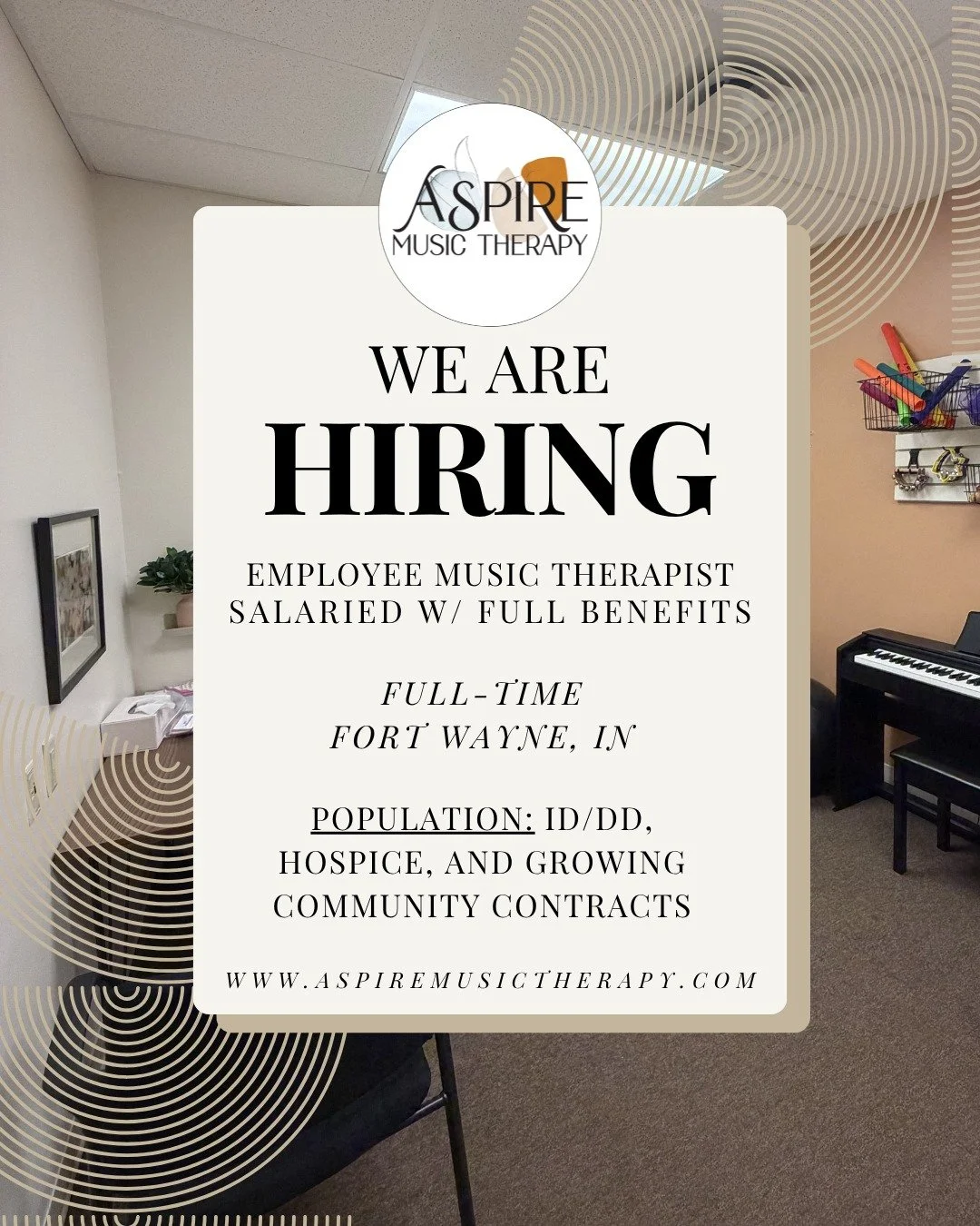 We&rsquo;re hiring! 🎶

We&rsquo;re looking for another music therapist to join our team. If you&rsquo;re intentional in your care for those you work with, enjoy working with a variety of populations, and value a strong team environment, we&rsquo;d l