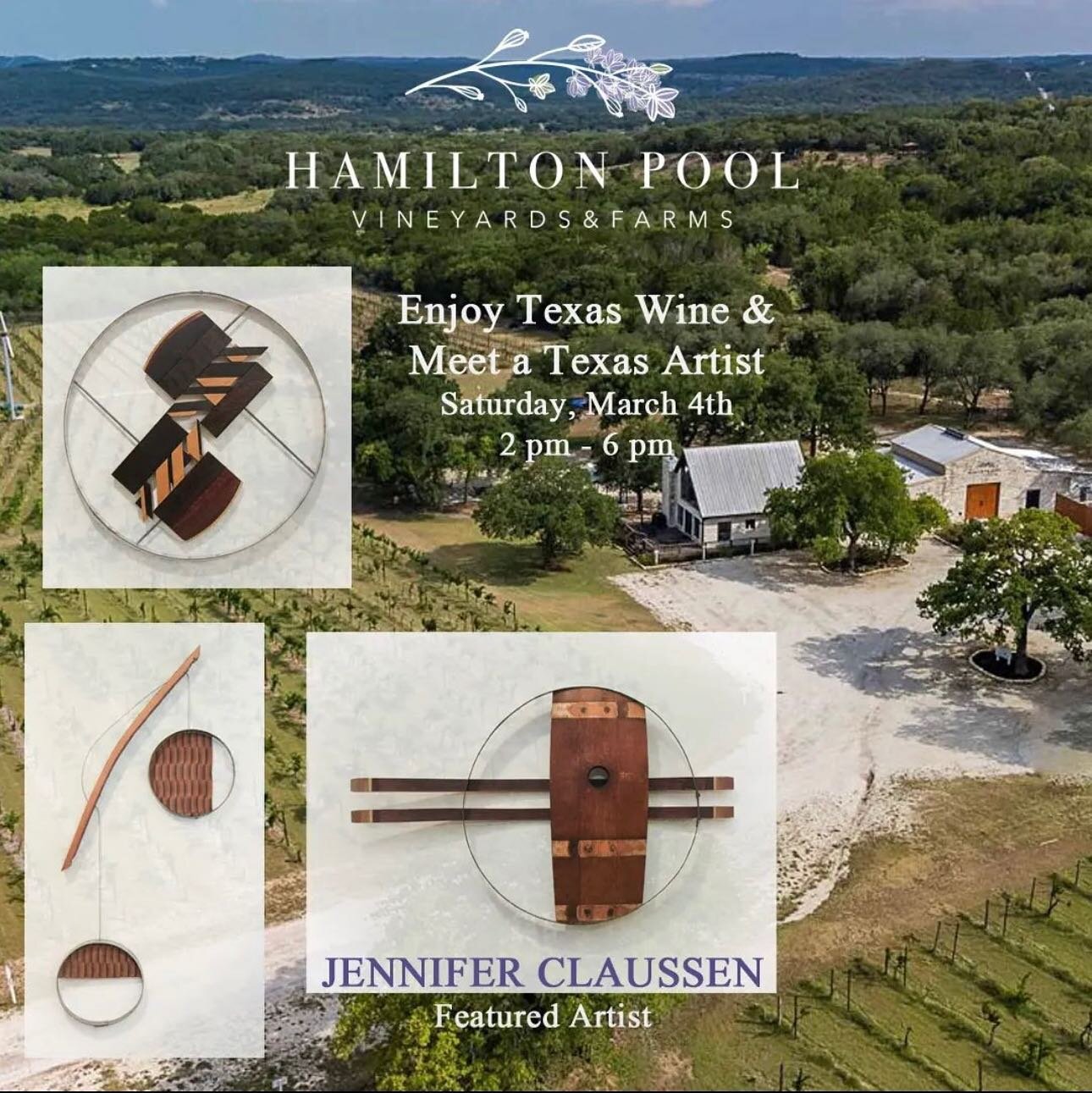 It will be a beautiful day at the winery on Saturday 3/4.  Great weather, tasty wine &amp; food &amp; some amazing art by @jennifer_claussen Come enjoy our gorgeous property &amp; meet the artist 🍇

#hillcountrywinery #wineandart