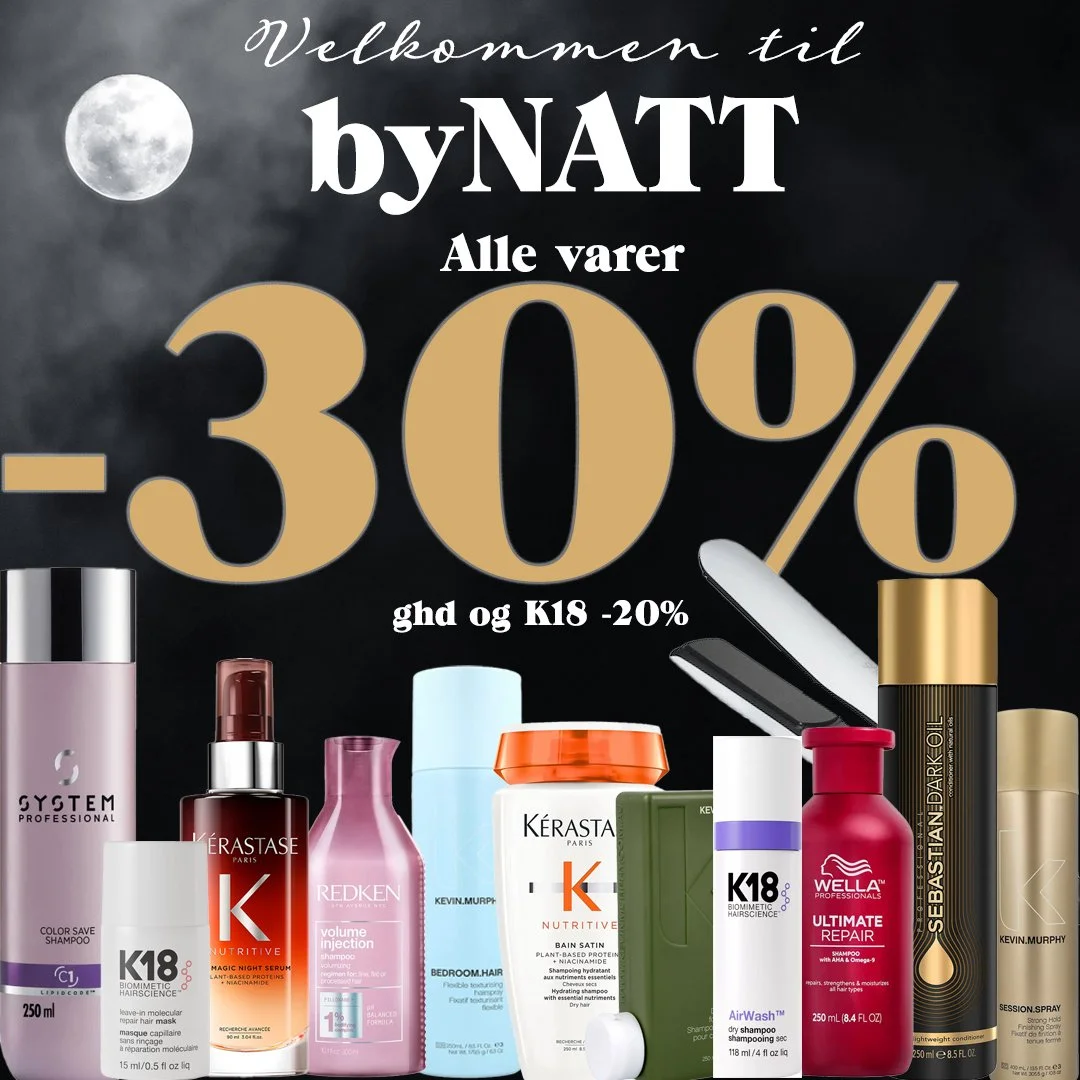 🌜byNATT torsdag 11. desember🌛
-30% p&aring; alle produkter til h&aring;r*
-20% p&aring; ghd og K18

Ramsvik Solheimsviken har i tillegg 20% p&aring; hudpleieprodukter ✨

Tilbudet gjelder hos:
Ramsvik Xhibition, Ramsvik Olav Kyrres gate, Ramsvik Sol