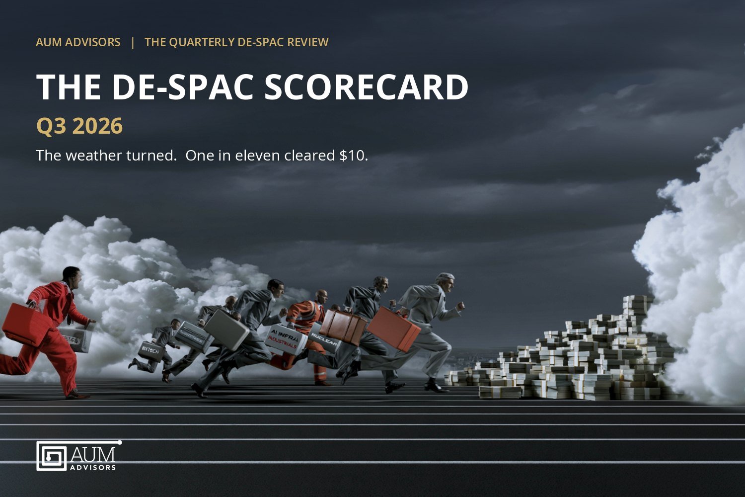 Cover of the AUM Advisors De-SPAC Scorecard Q3 2026: The weather turned. One in eleven cleared $10.