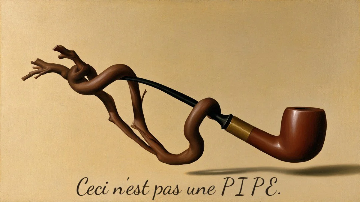 Pintura surrealista de una pipa retorcida entre ramas enredadas, con la leyenda «Ceci n'est pas une PIPE» — imagen de portada de *When a PIPE Is Not a PIPE*, AUM Advisors