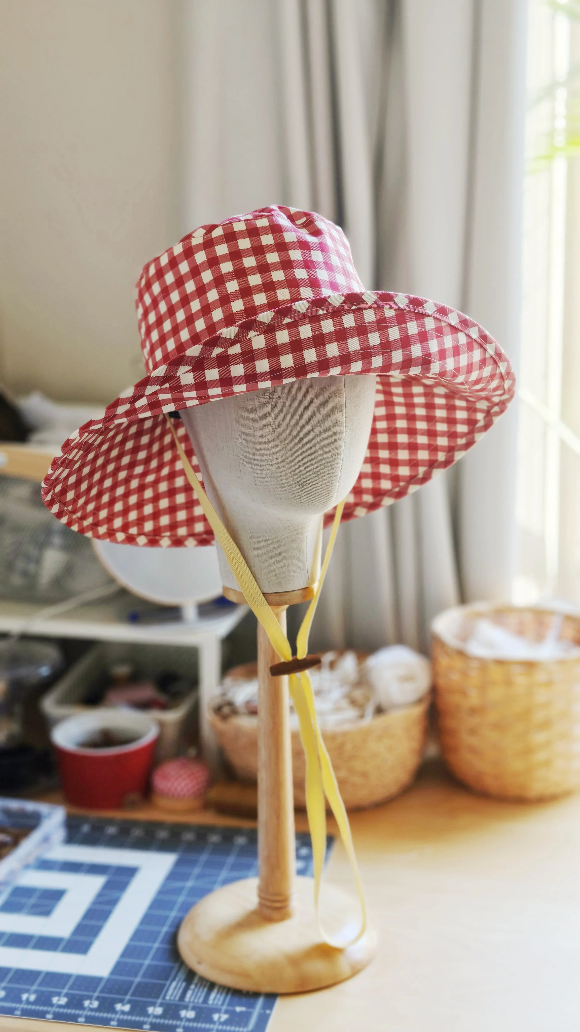 Wide Brim Summer Sun Hat - Cherry Gingham
