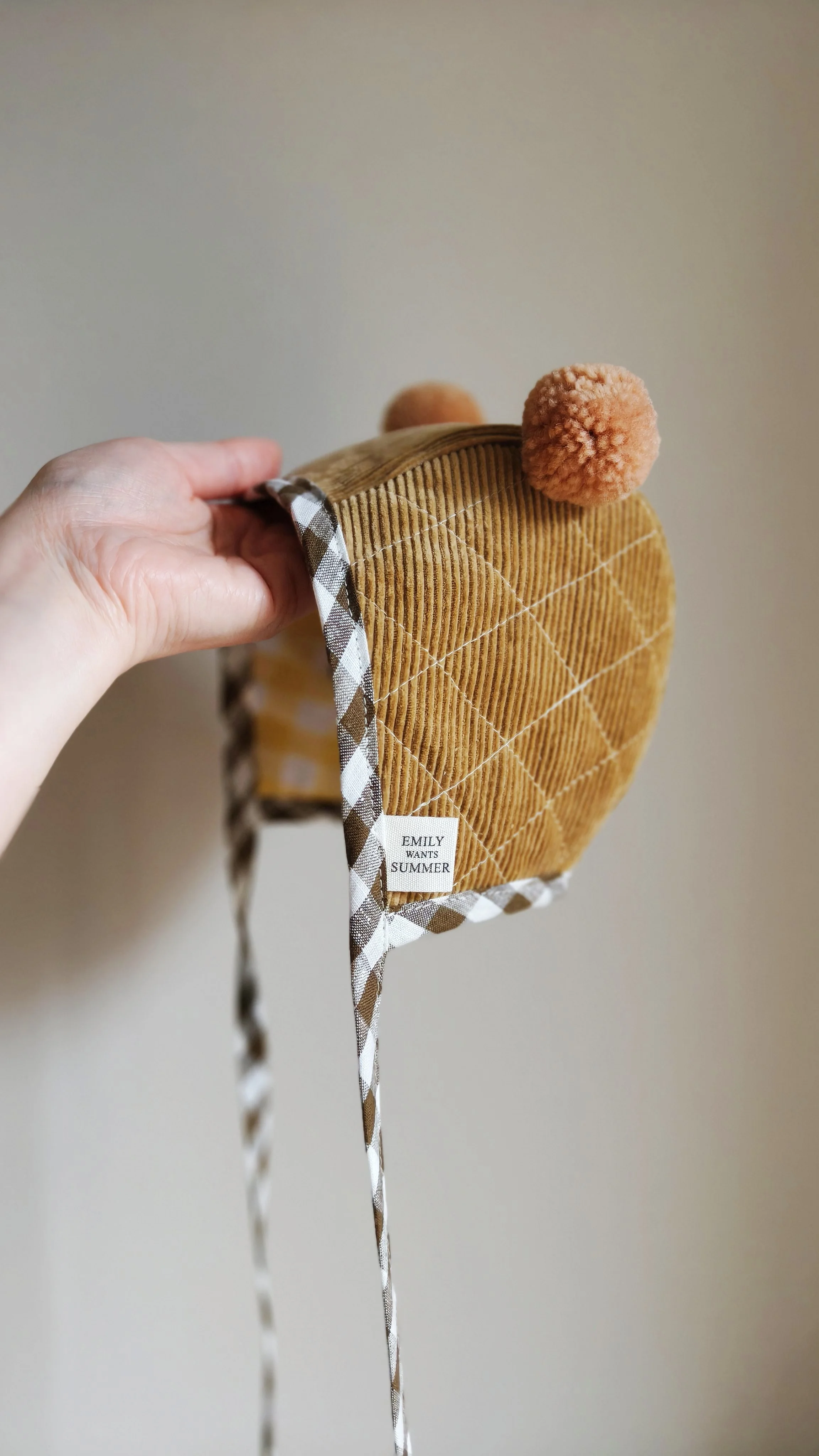 Quilted Corduroy Baby Bonnet with Poms - Woodland
