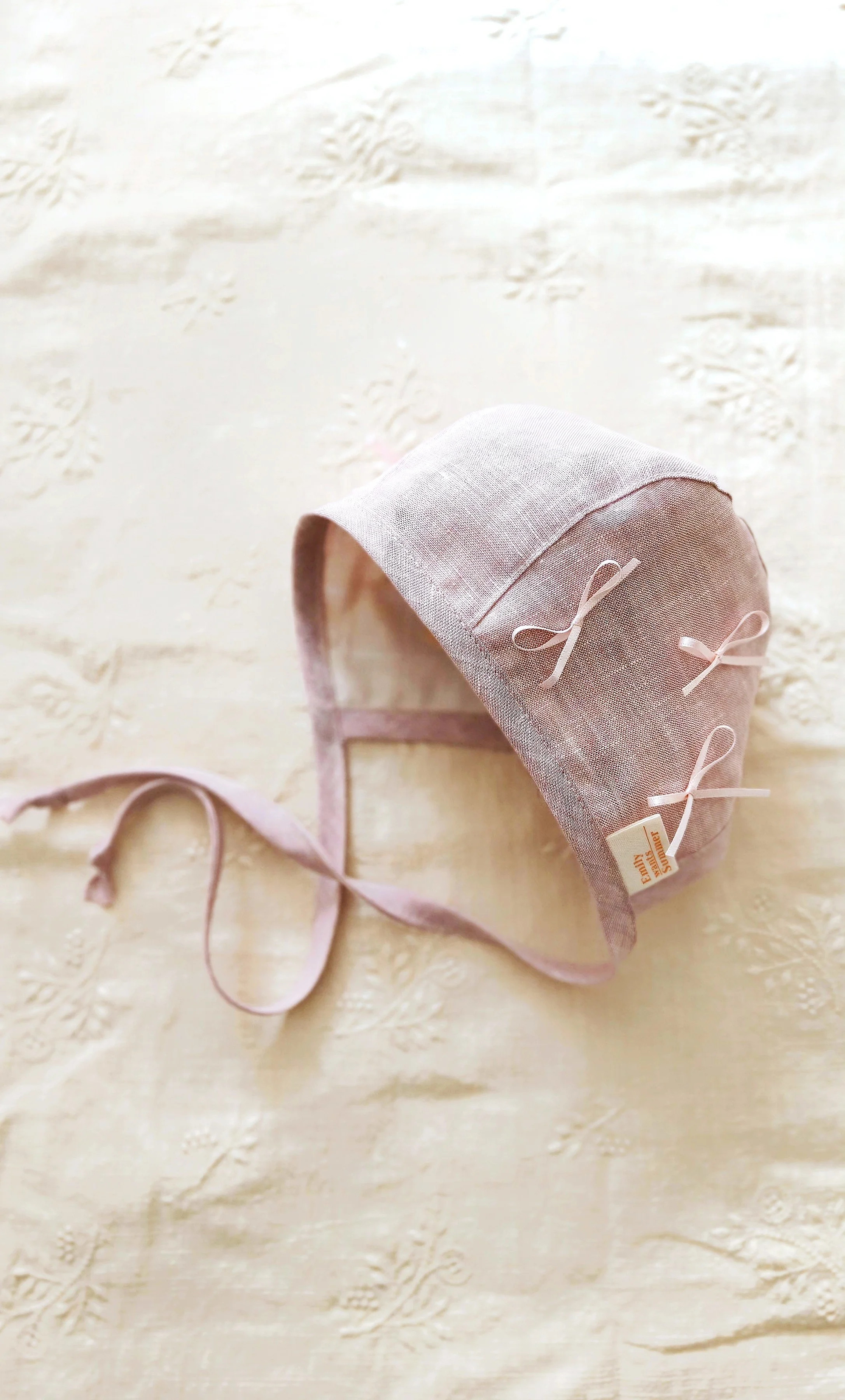 Baby Dust Pink Linen Bow Bonnets