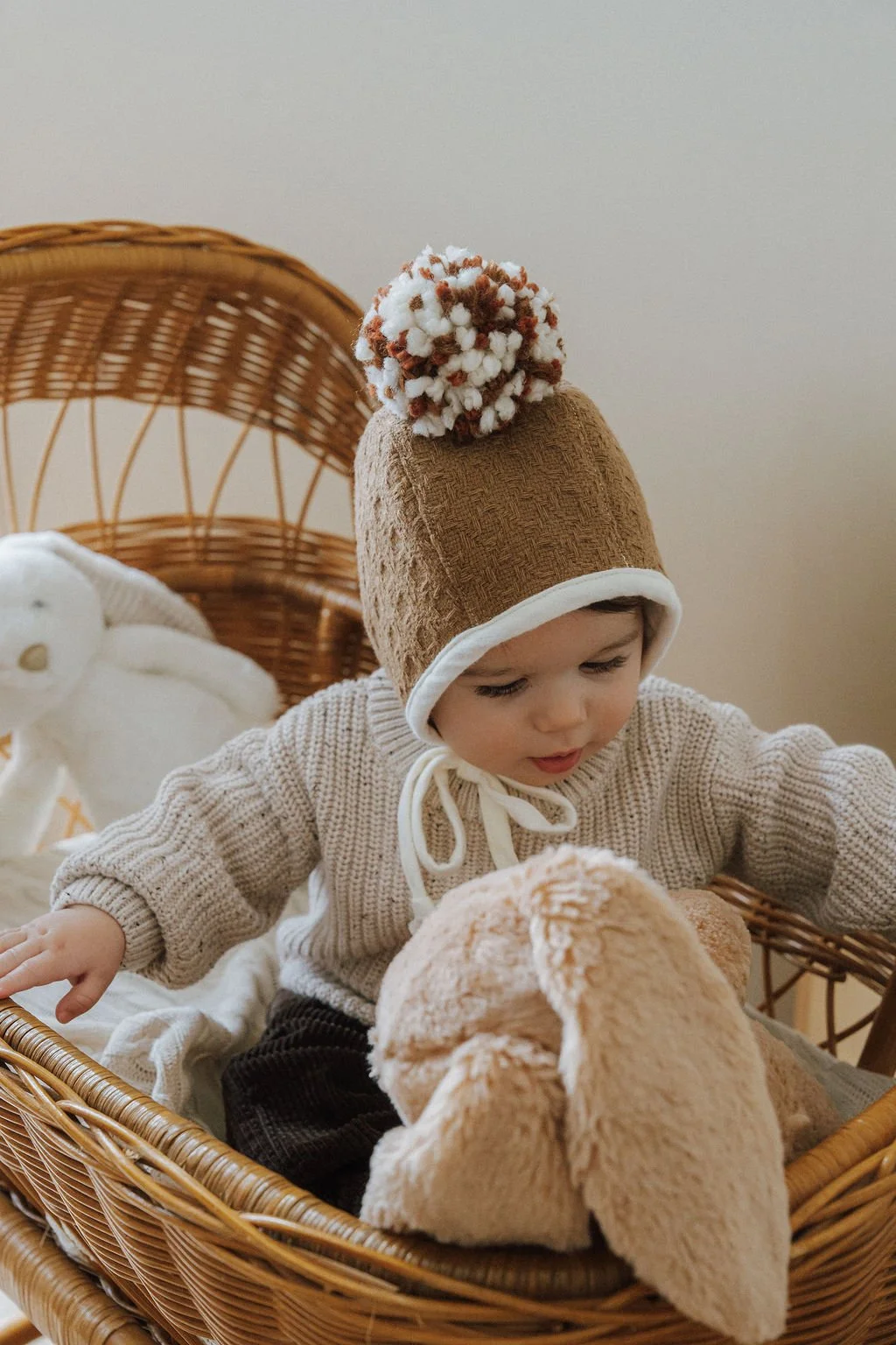 Winter Brown Tweed Baby Bonnet - Milk Tea