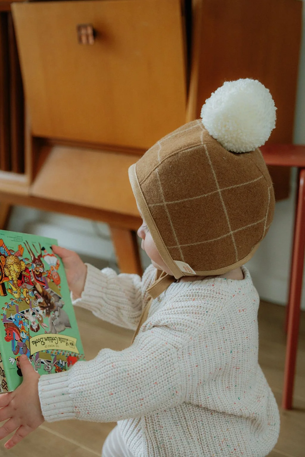 Baby Check Wool Pom Pom Bonnet - Walnut