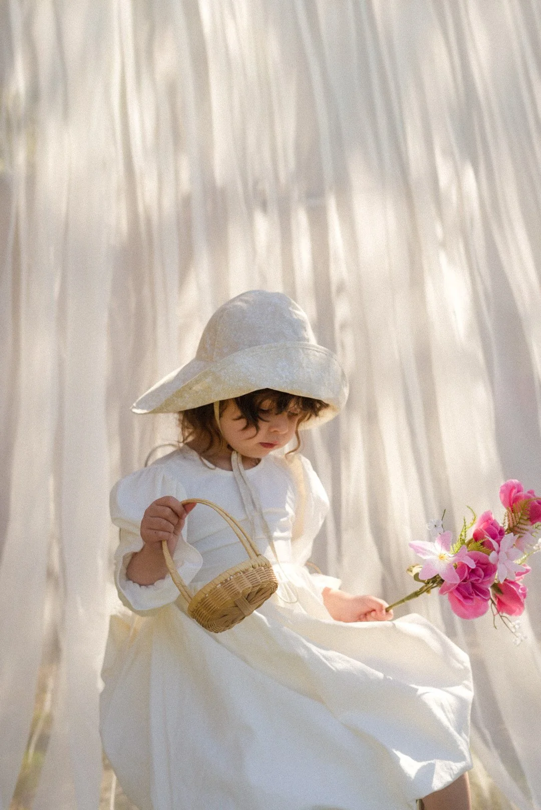 Kids Wide Brim Cotton Summer Sun Hat - Beige Floral
