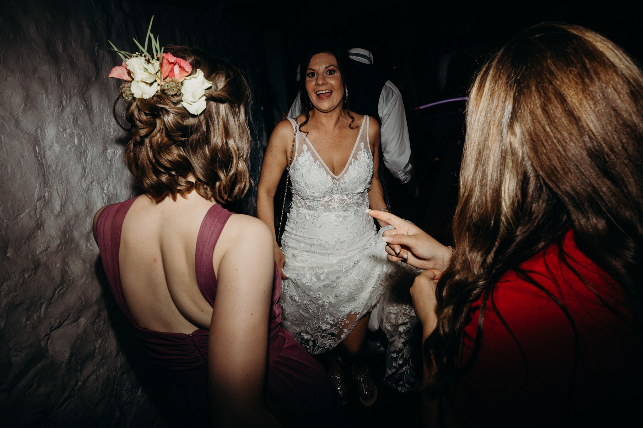 bride wearing unbridaled dress dancing at wedding dance in barn at dalduff farm photographed by wedding photographer ayrshire Scotland