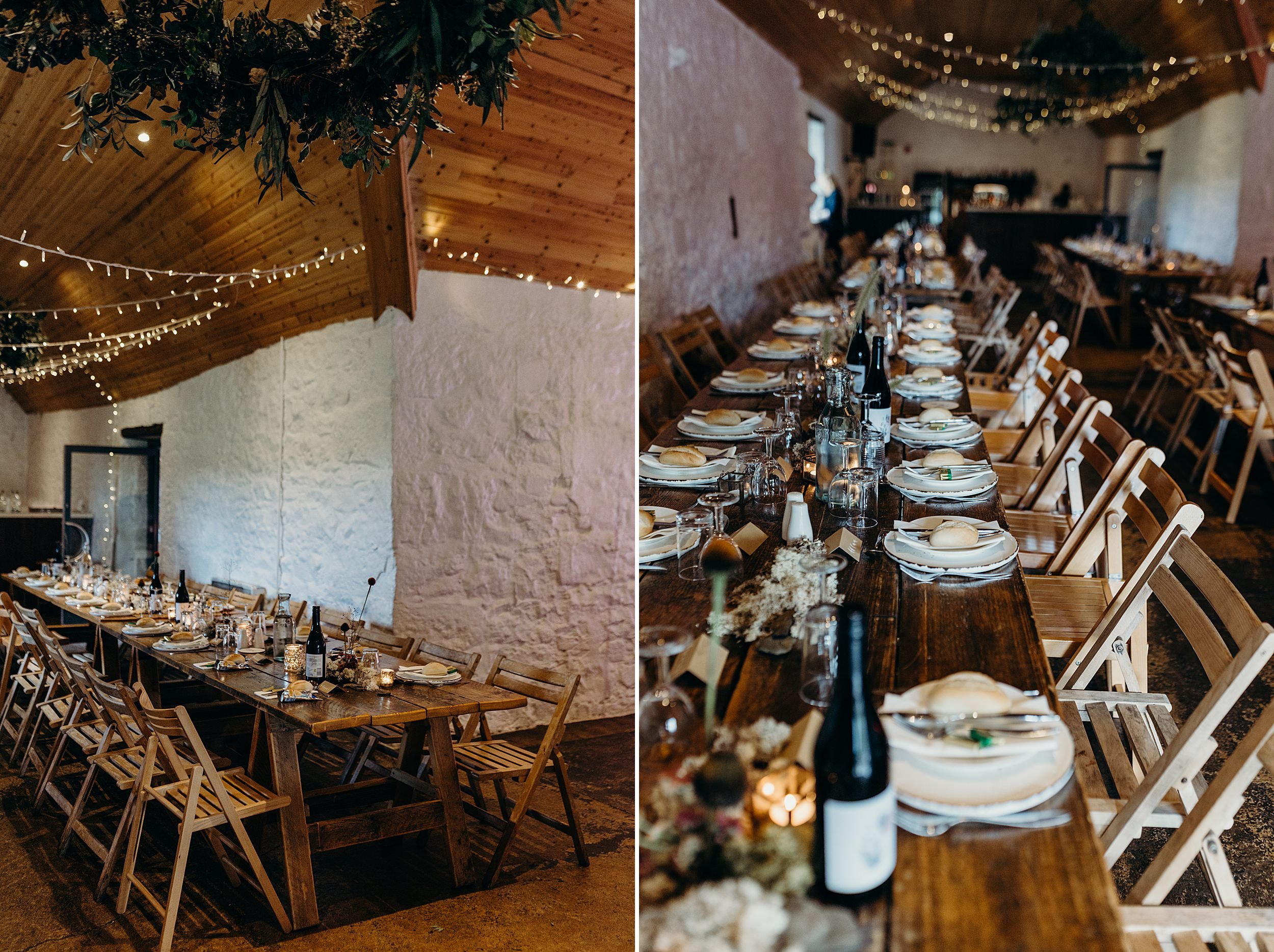 interior shot of dalduff barn decorated for wedding reception shown in dalduff farm wedding photos