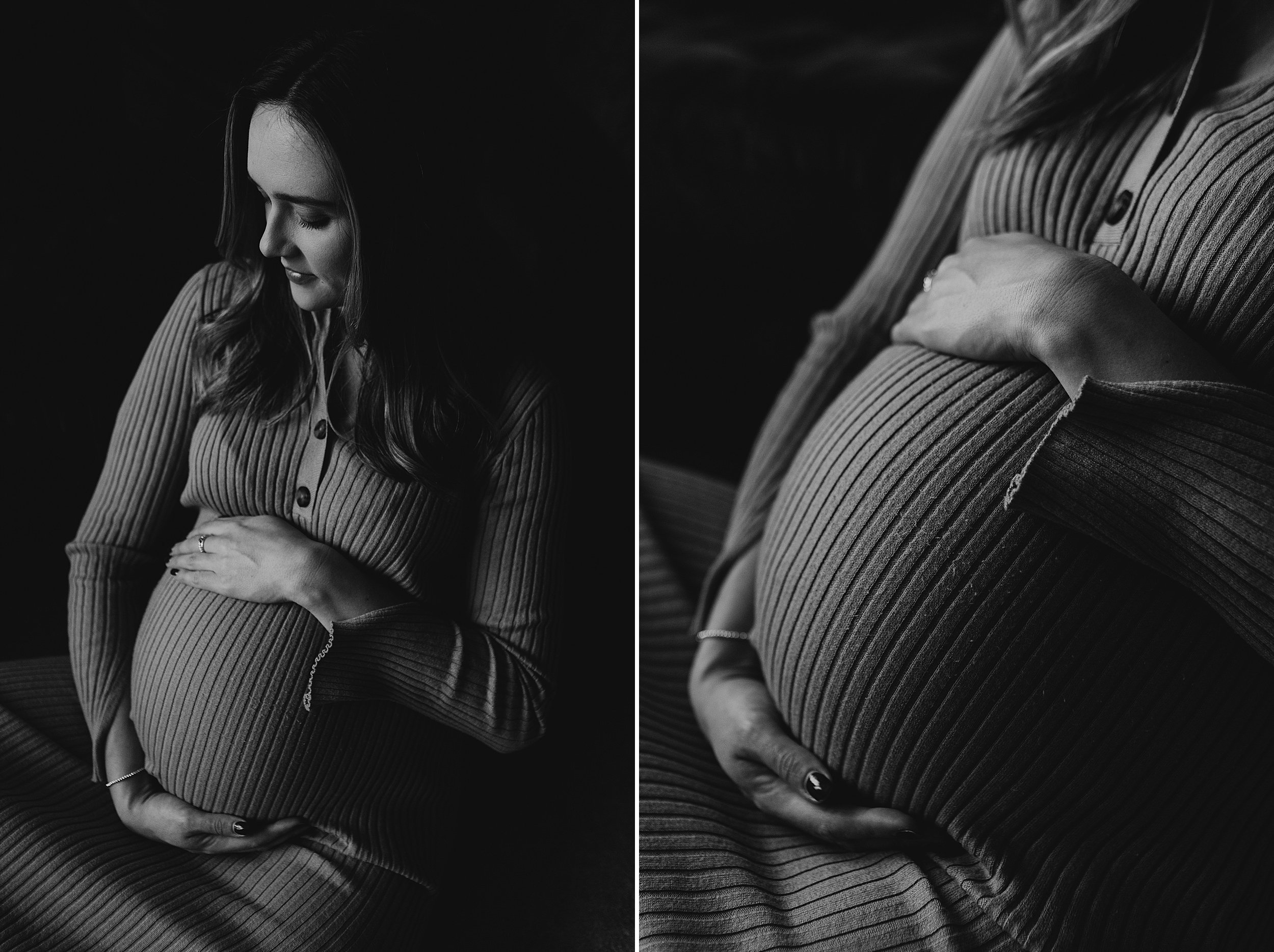 mum to be sitting holding her bump in relaxed home pregnancy shoot by maternity photographer glasgow